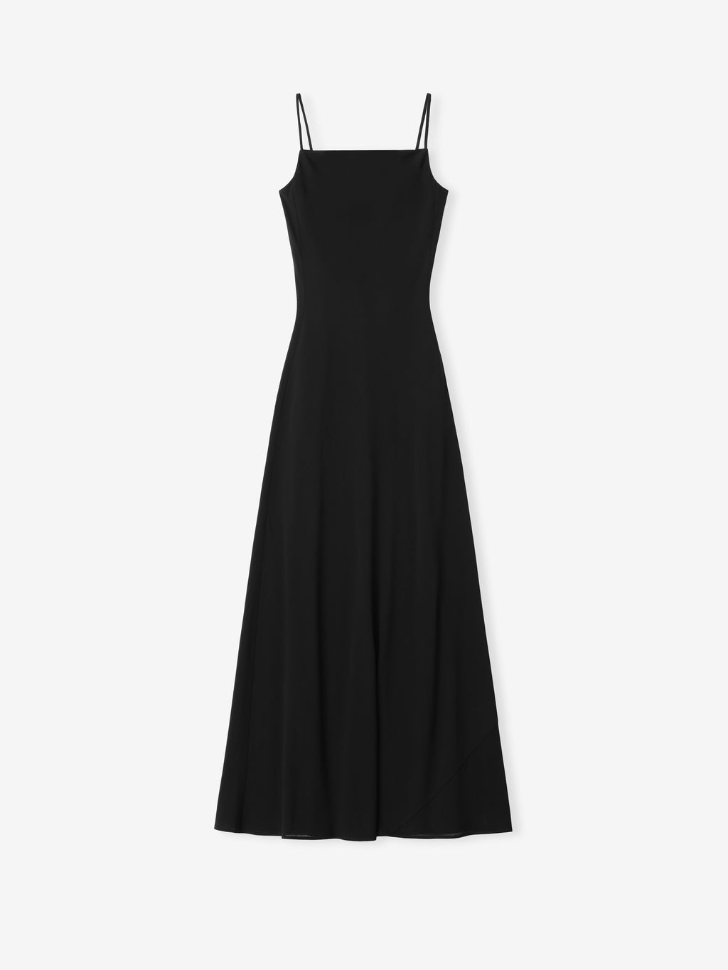 sleek black slip dress with delicate spaghetti straps and gently flared hem in lightweight wool viscose fabric