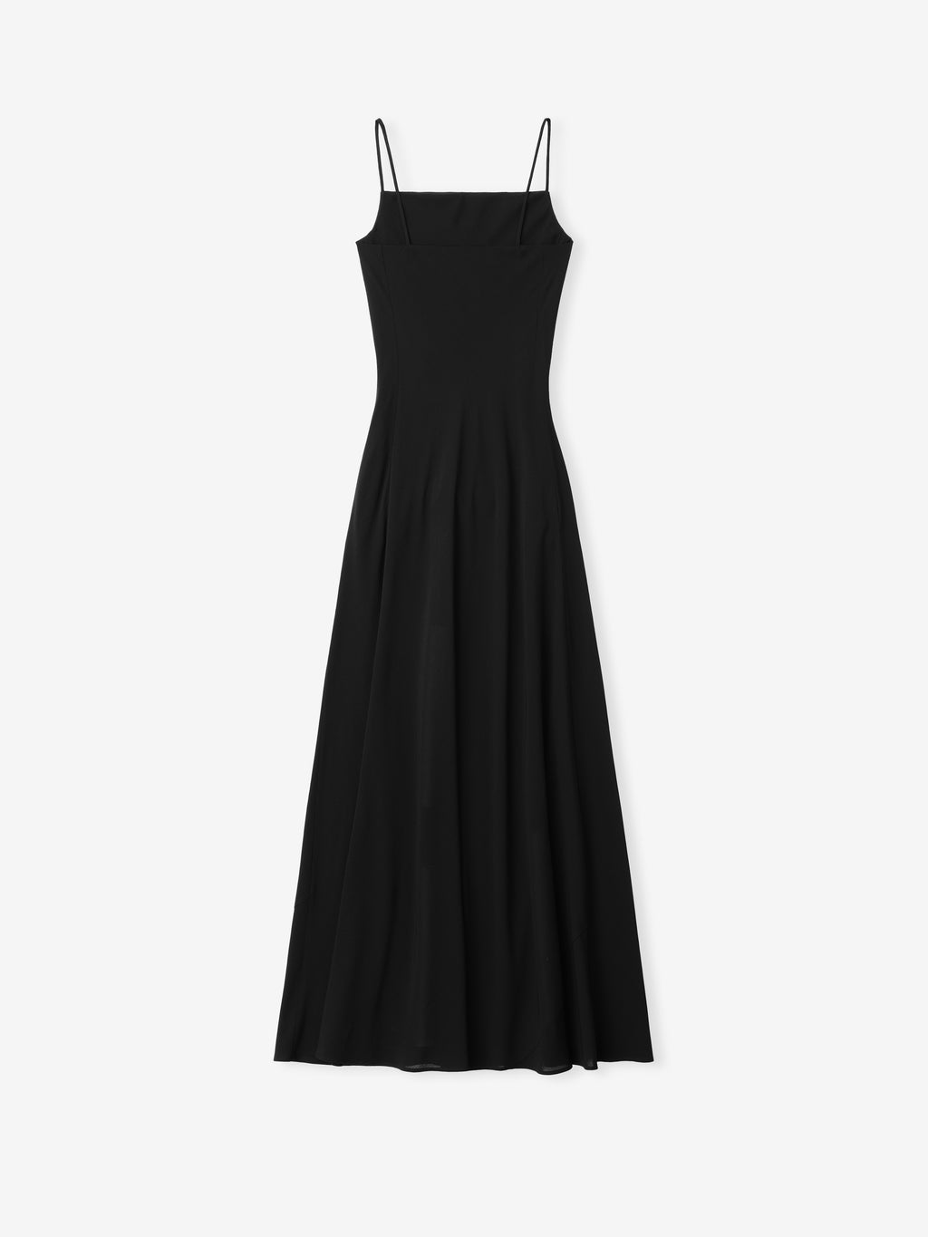 black floor-length slip dress with thin spaghetti straps and fitted bodice flaring gently at the hem