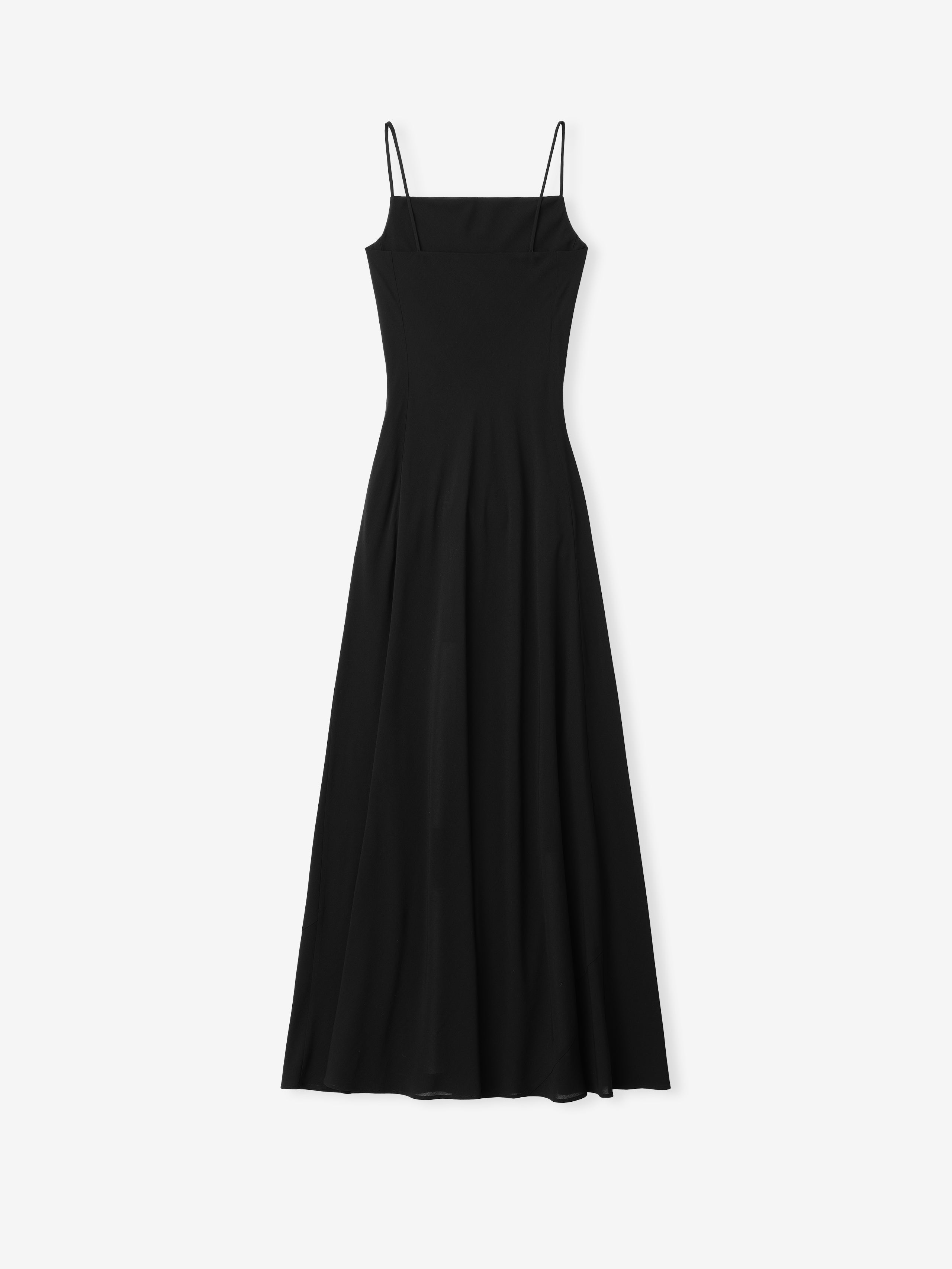 black floor-length slip dress with thin spaghetti straps and fitted bodice flaring gently at the hem