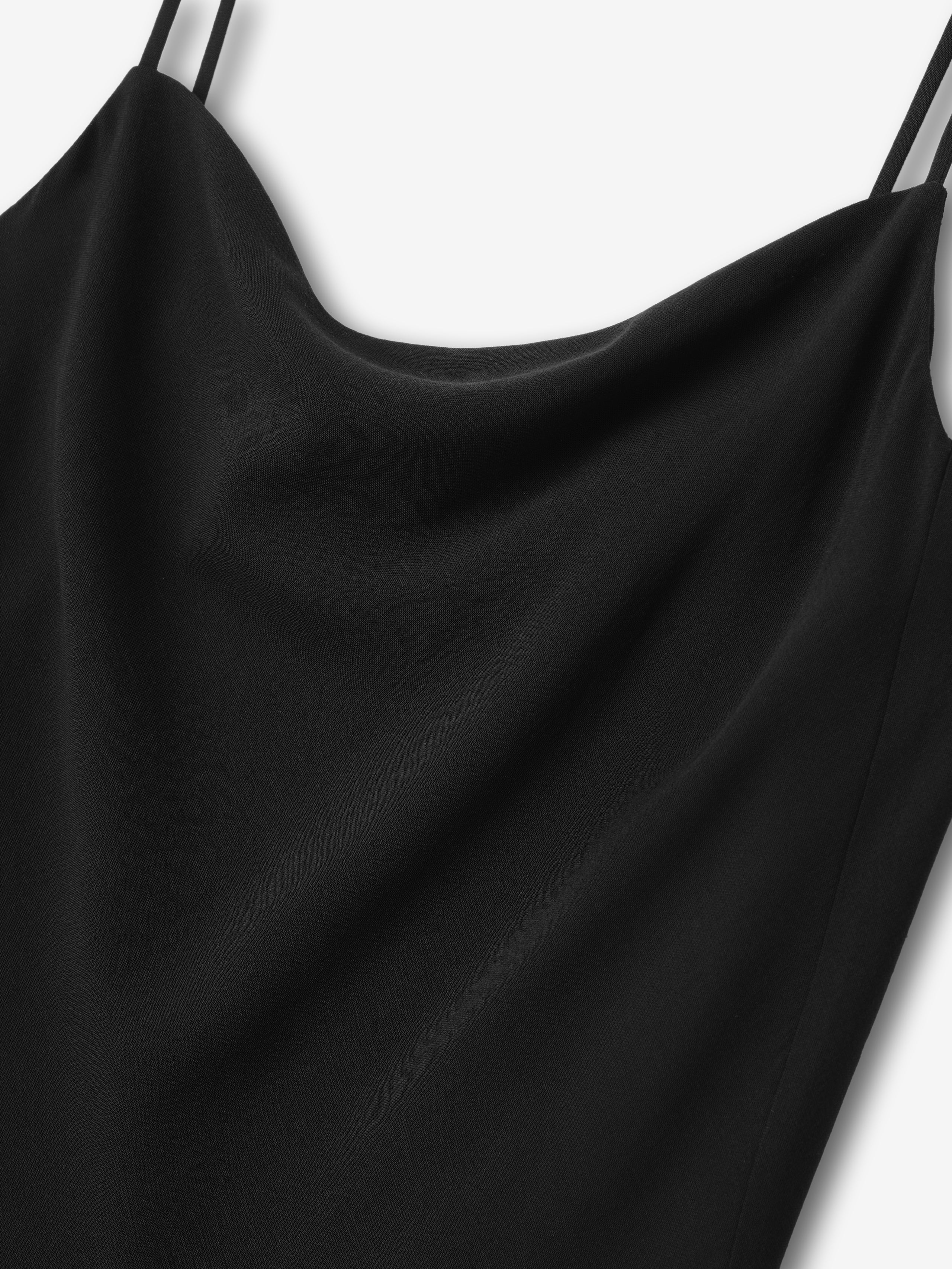 close-up of black wool viscose slip dress bodice with draped neckline and thin double spaghetti straps