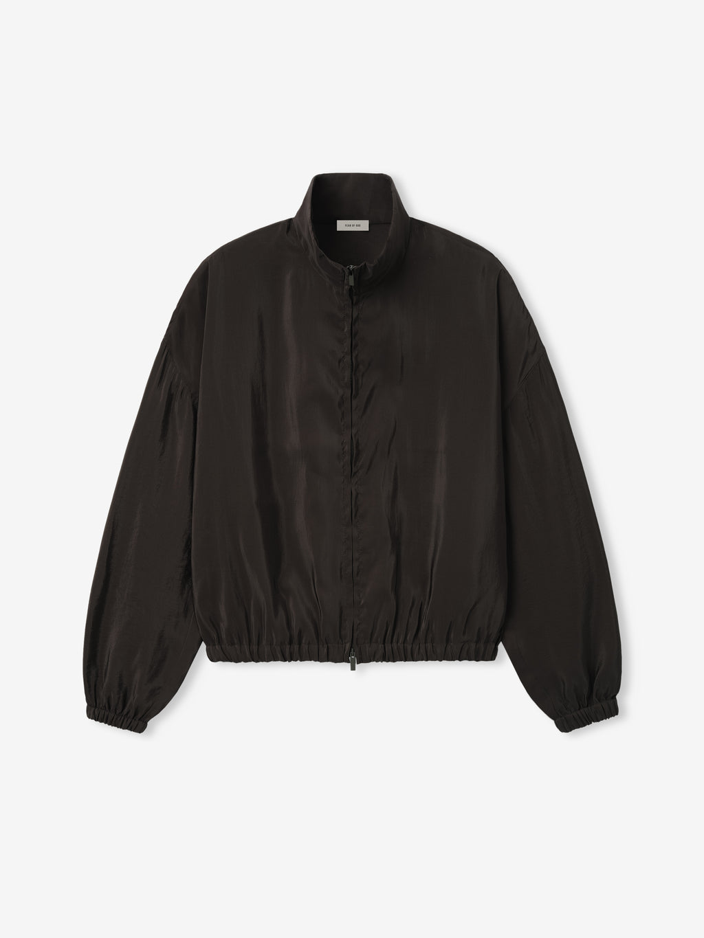 black crinkle viscose track jacket with stand collar, full zip front, elasticated cuffs and hem