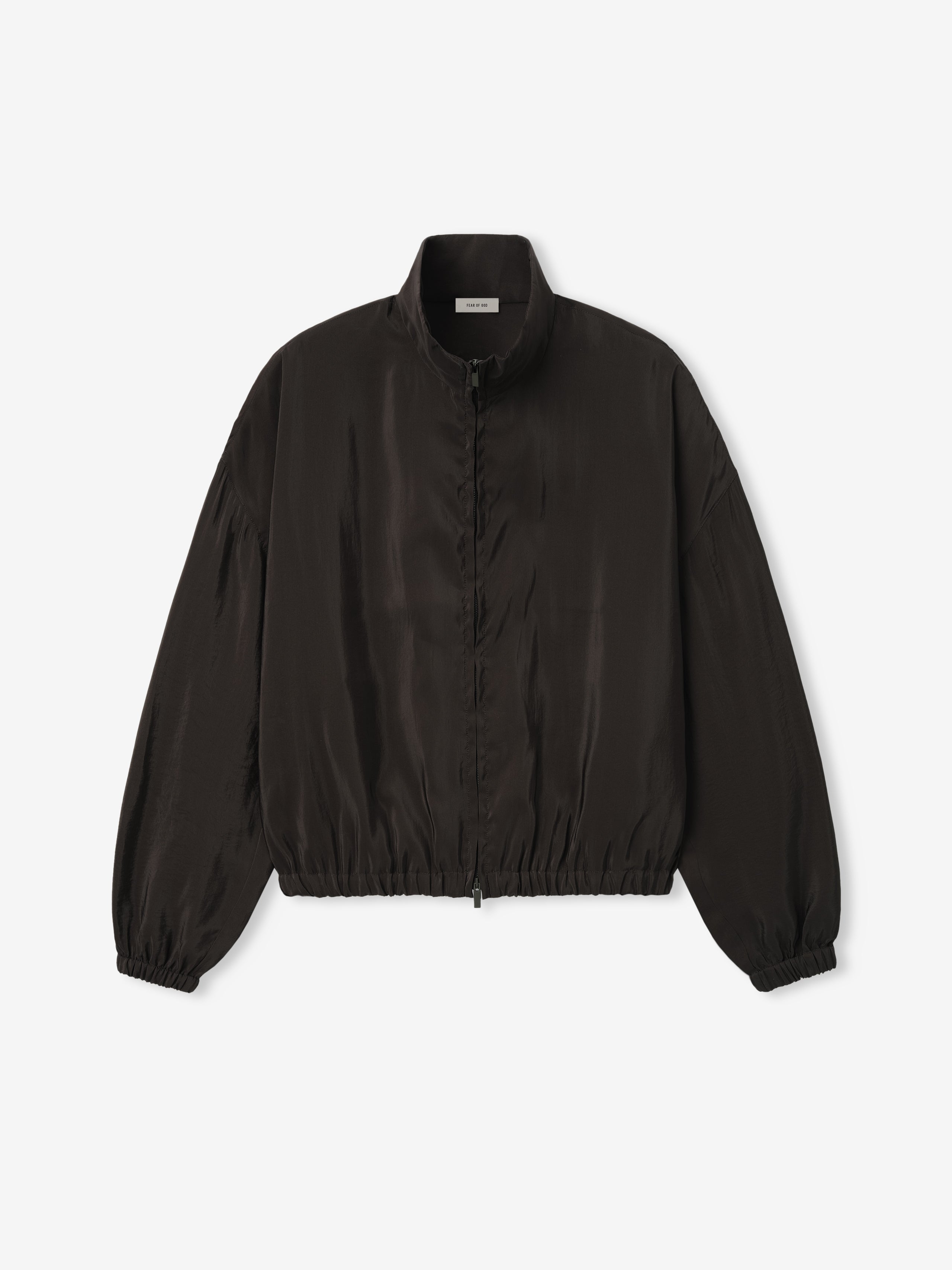 black crinkle viscose track jacket with stand collar, full zip front, elasticated cuffs and hem