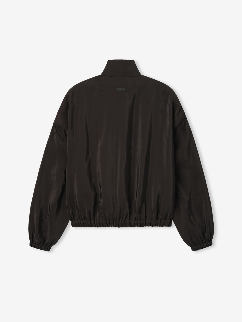 back view of black lightweight technical crinkle viscose track jacket with elasticated cuffs and waistband