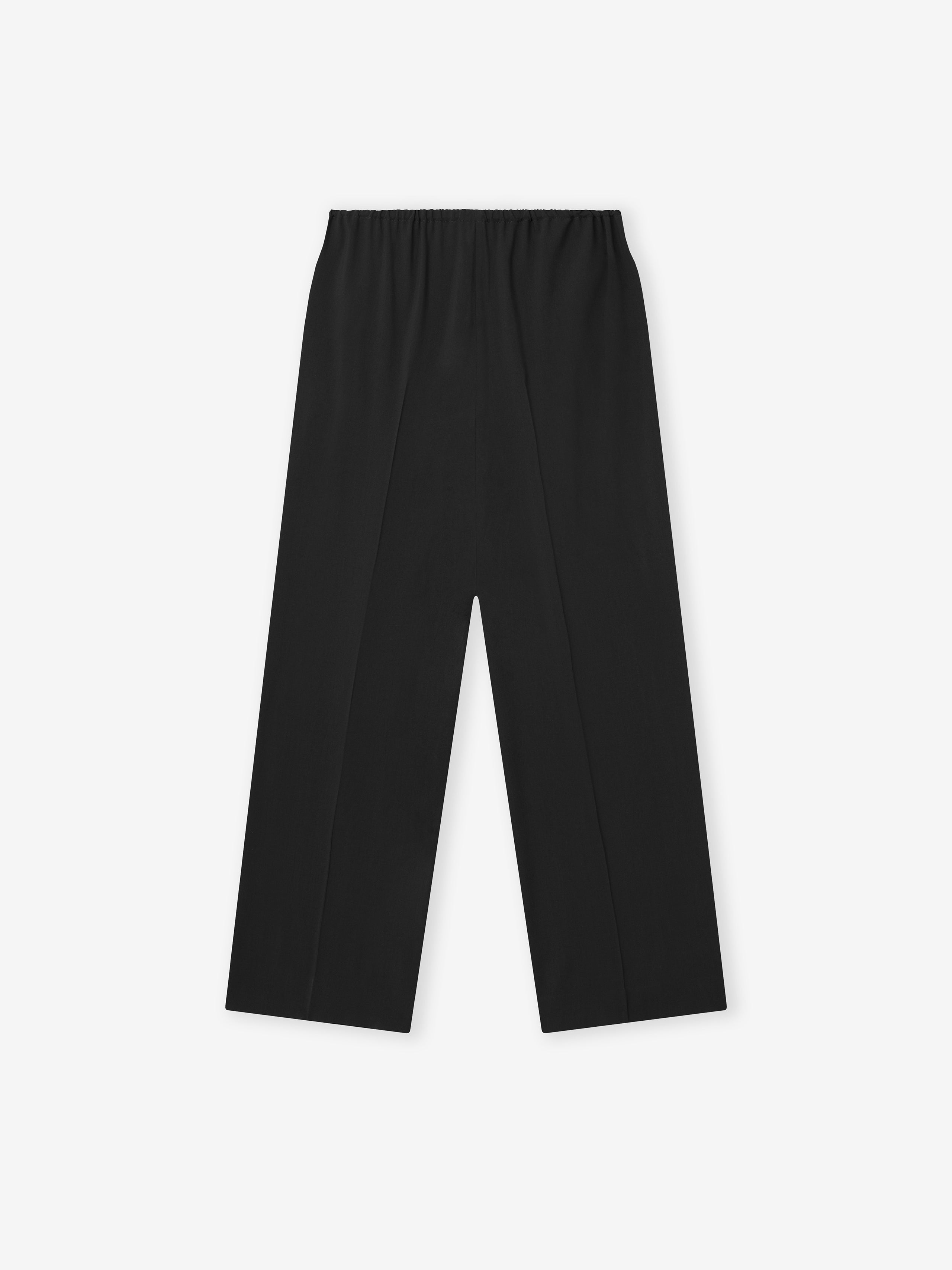 black wide leg pants with elastic waistband and clean straight cut in smooth fabric finish