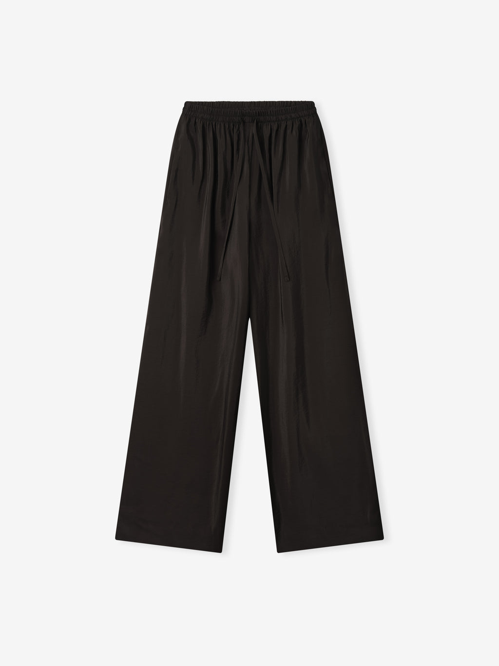 black crinkle viscose wide-leg pants for women with elastic drawstring waistband and lightweight sheer fabric
