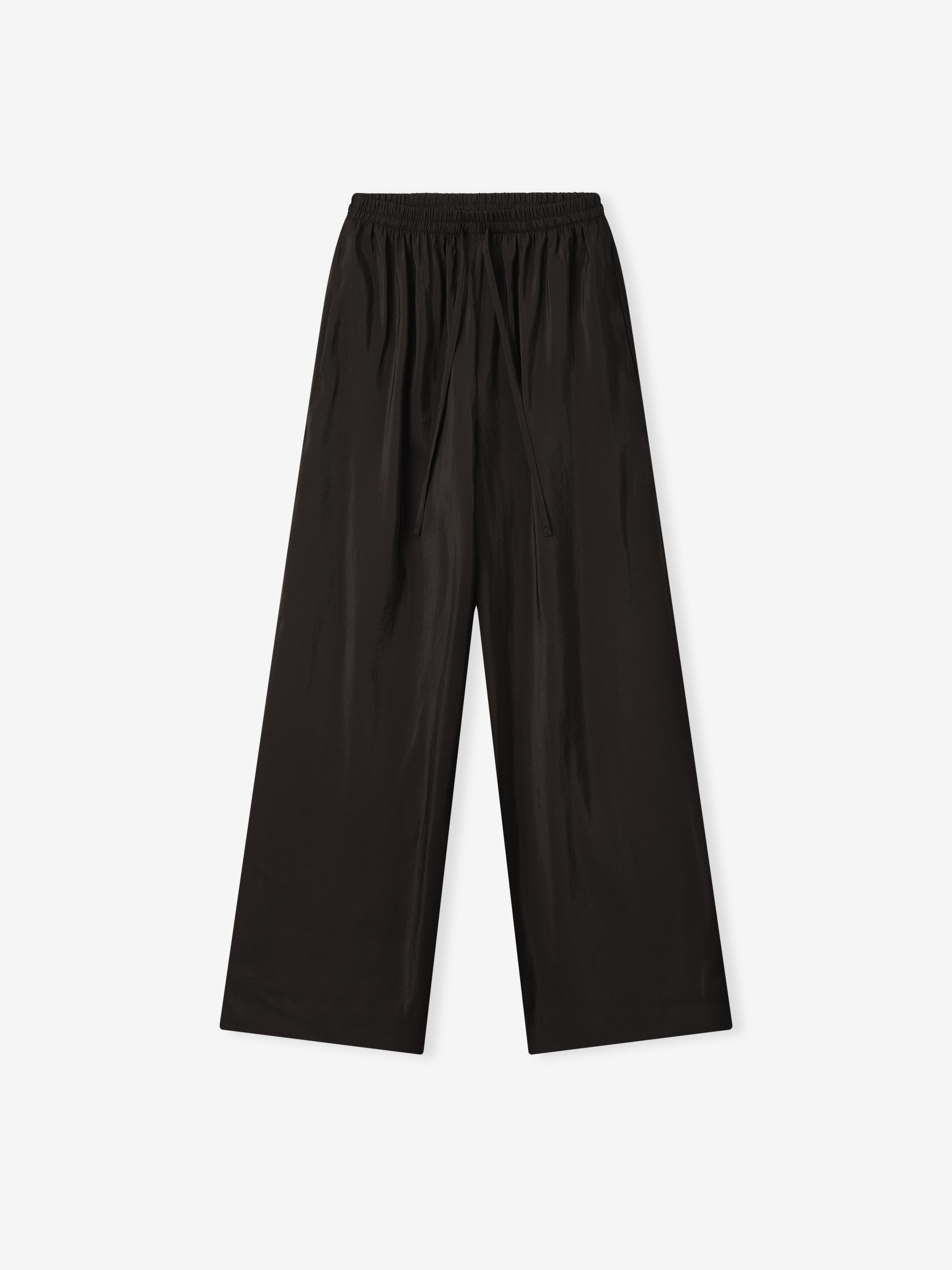 black crinkle viscose wide-leg pants for women with elastic drawstring waistband and lightweight sheer fabric