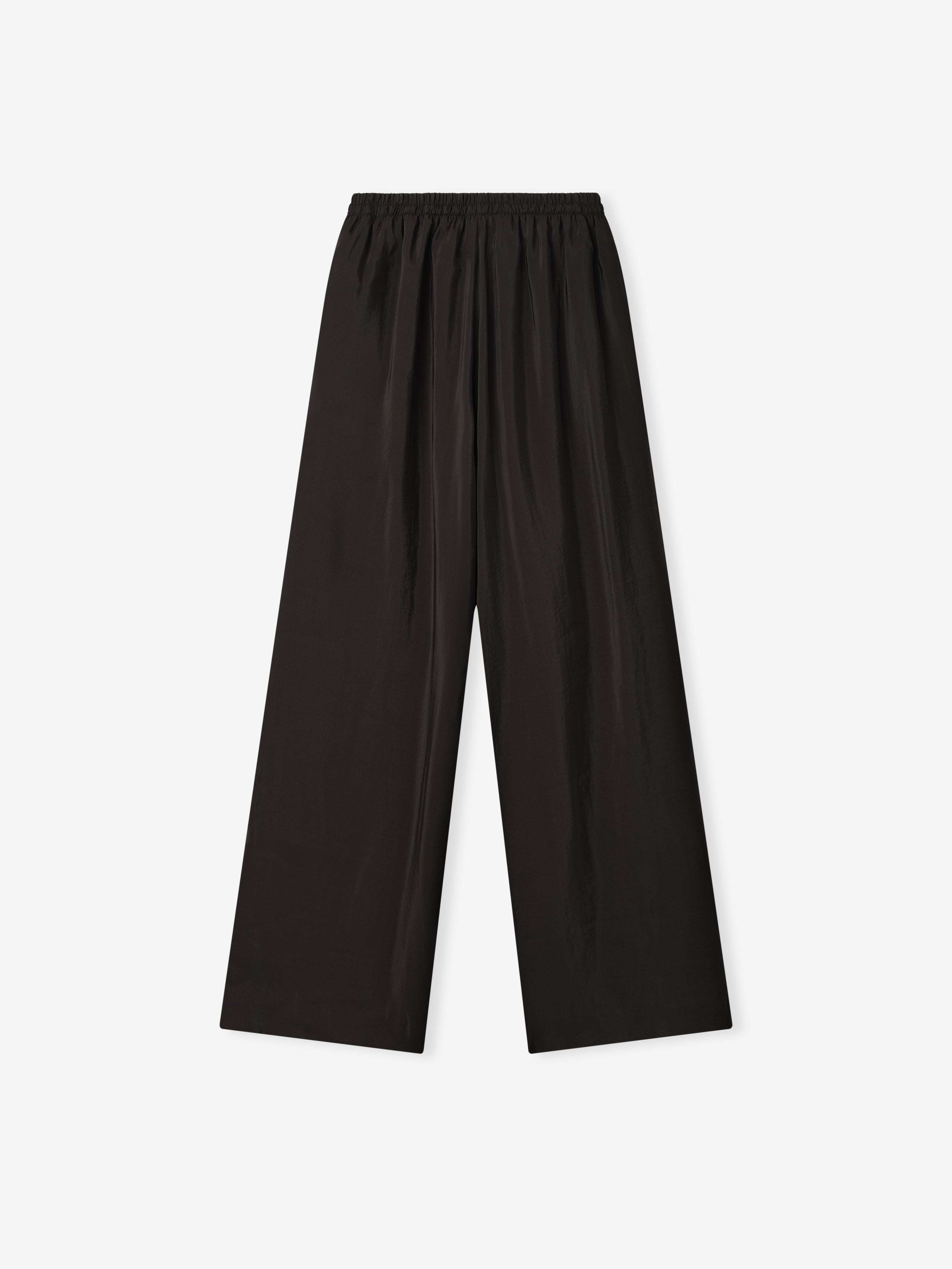 black wide-leg pants for women with elasticated drawstring waistband in lightweight crinkle viscose fabric