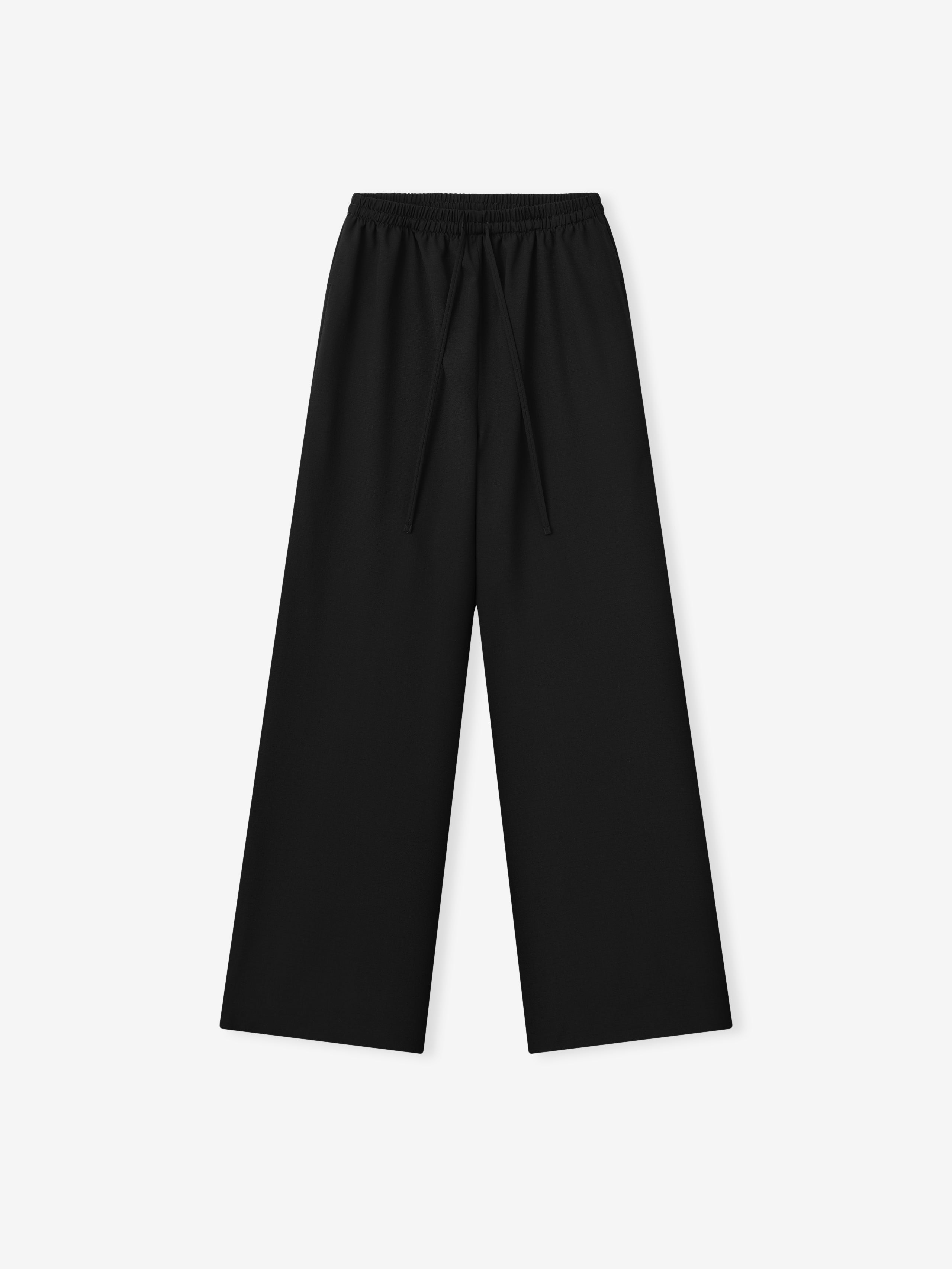 black wide-leg womens pants with elastic drawstring waistband made from lightweight rip-stop virgin wool