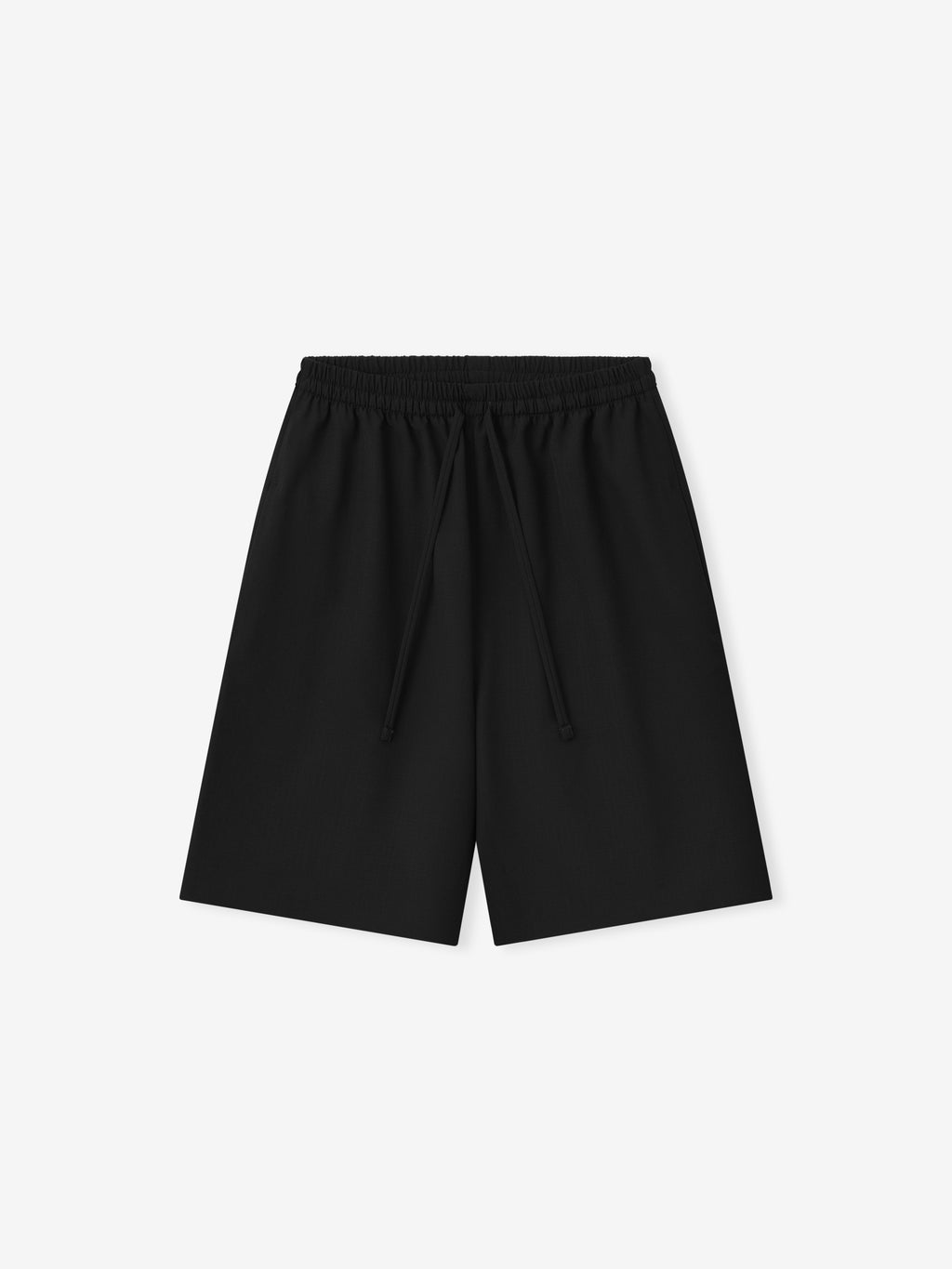 black wide-leg womens drawstring shorts in lightweight rip-stop virgin wool with elasticated waistband