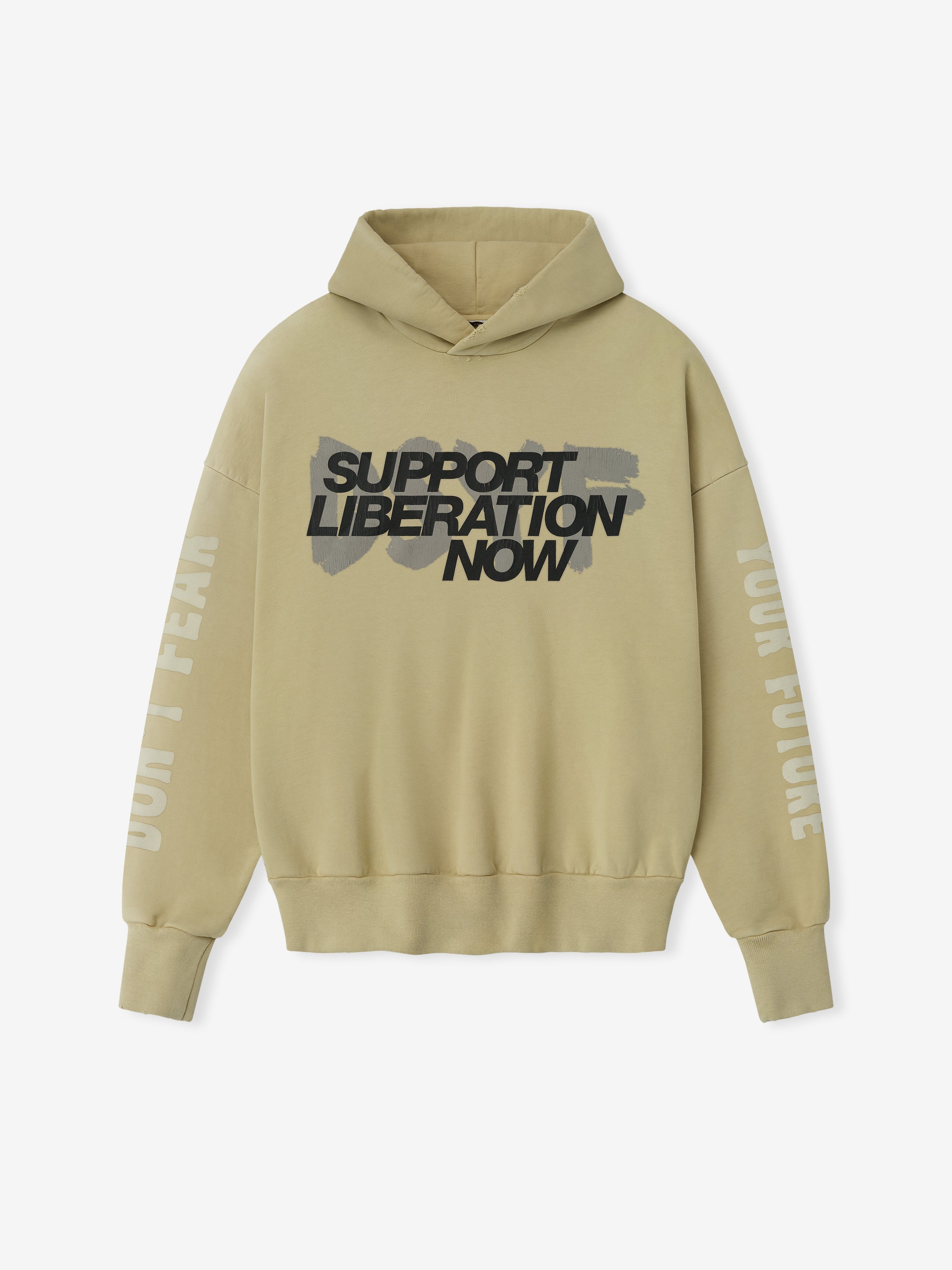Front view of clay Liberation Now Hoodie with bold black "Support Liberation Now" text and faded brushstroke, gallery 0