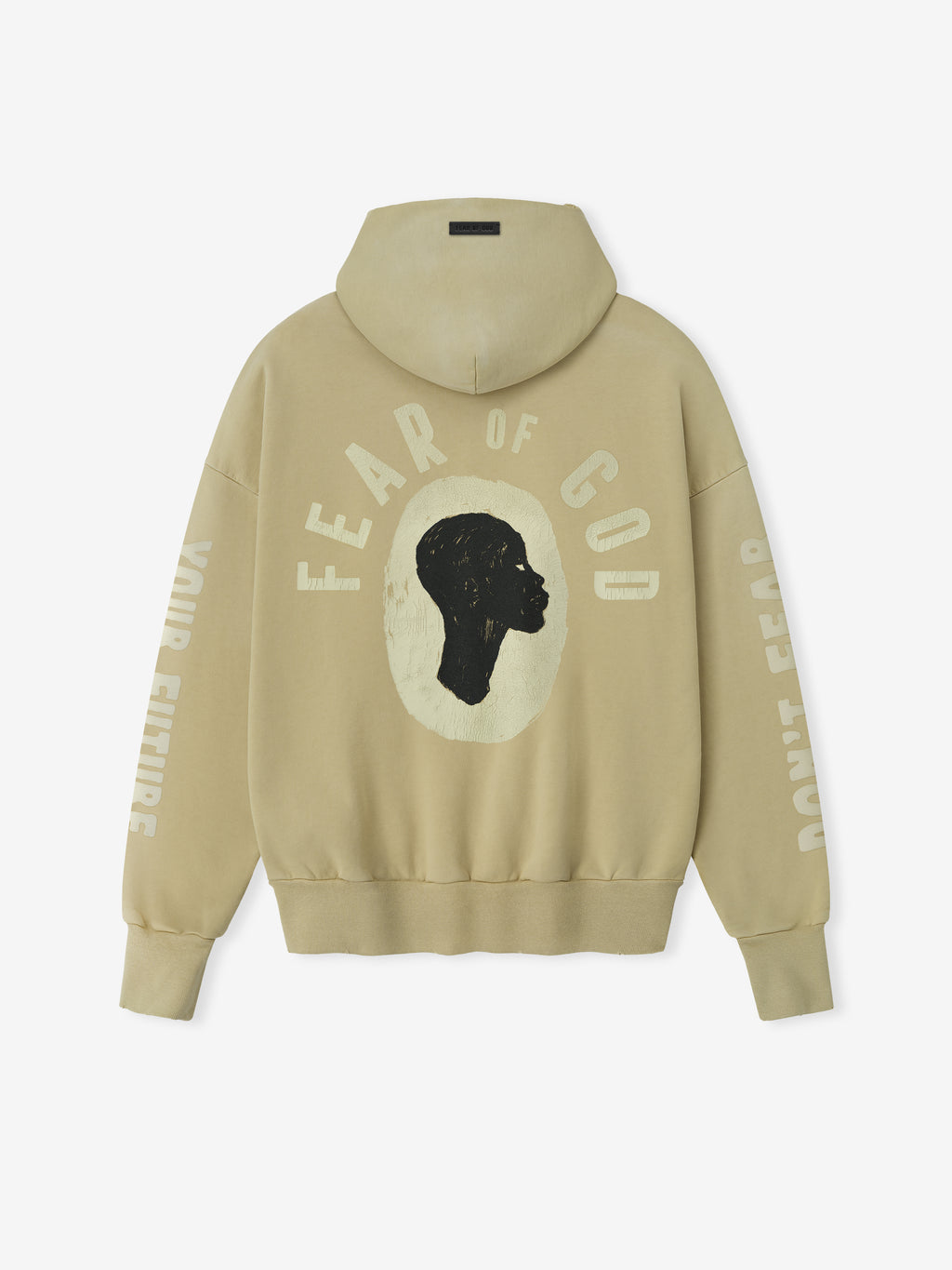 Back view of clay Liberation Now Hoodie showing black profile graphic and off-white "FEAR OF GOD" text FGDSYF-FLC004U gallery 0