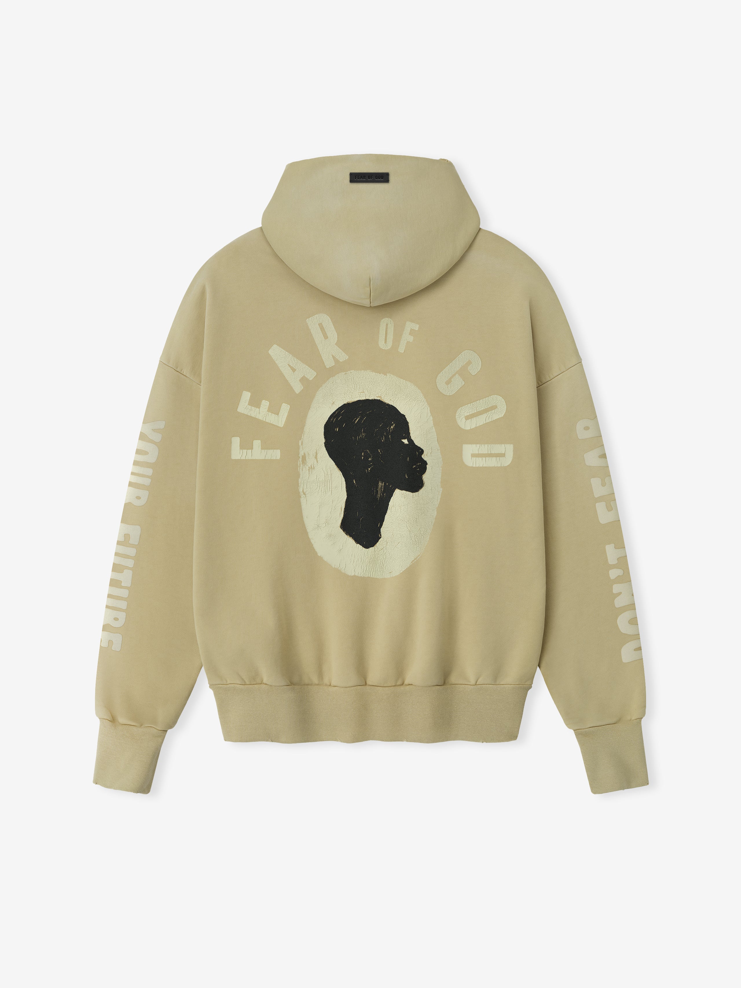 Back view of clay Liberation Now Hoodie showing black profile graphic and off-white "FEAR OF GOD" text FGDSYF-FLC004U gallery 0