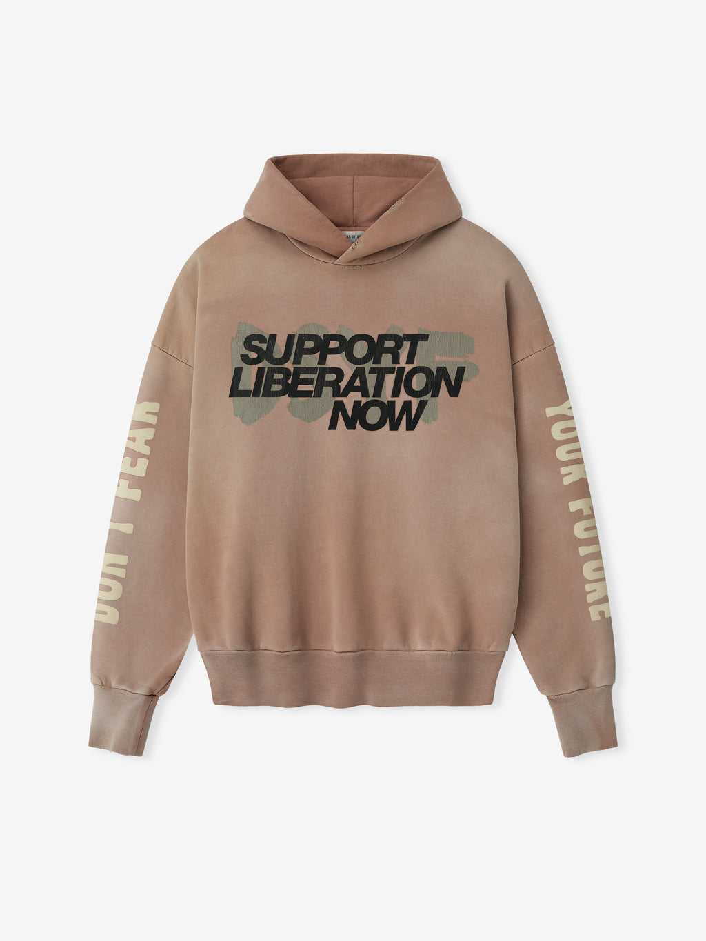 Front view of dune pearl Liberation Now Hoodie with bold black "Support Liberation Now" text over muted green brushstroke FGDSYF-FLC004U