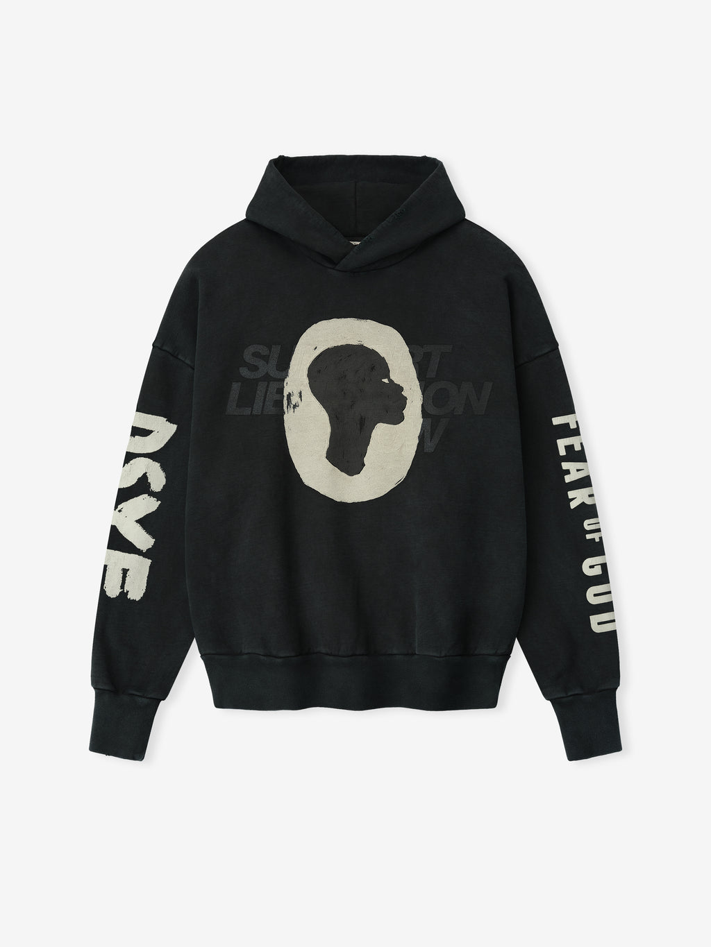 Front view of black DSYF Hoodie featuring off-white silhouette graphic and faded "Support Liberation Now" text FGDSYF-FLC005U gallery image 0