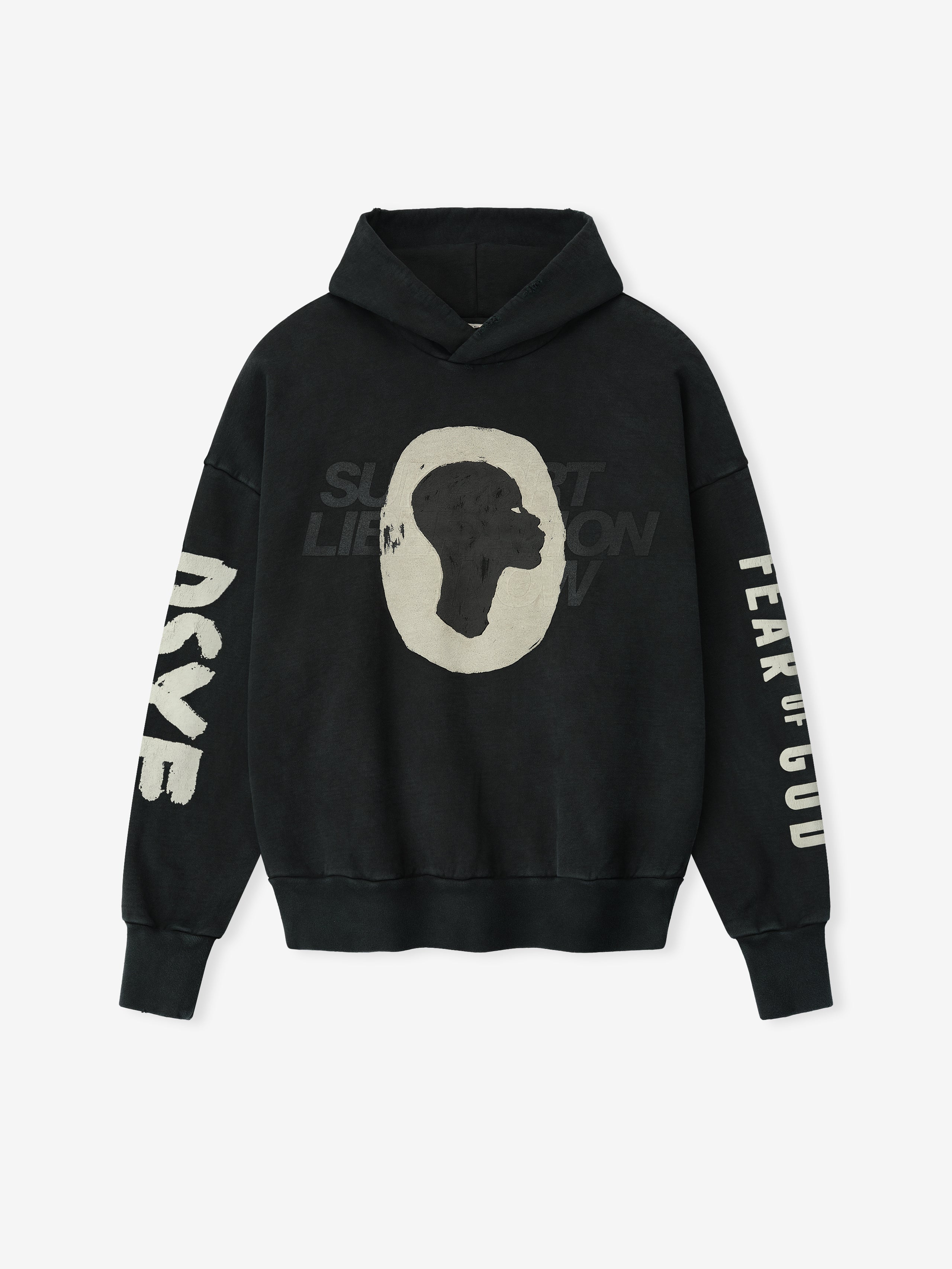Front view of black DSYF Hoodie featuring off-white silhouette graphic and faded "Support Liberation Now" text FGDSYF-FLC005U gallery image 0