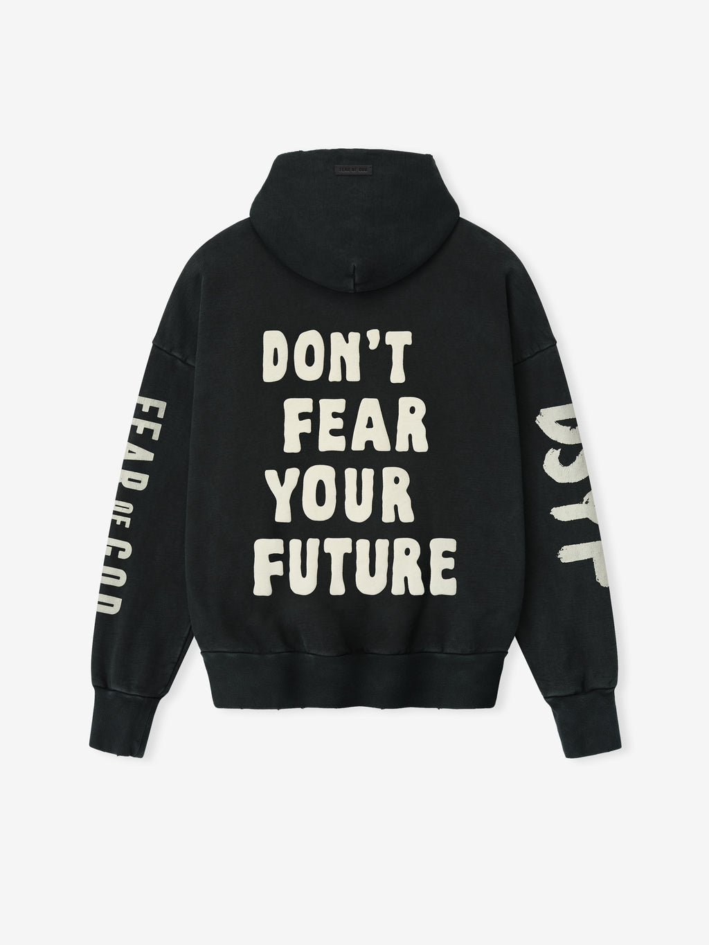 Back view of black DSYF Hoodie FGDSYF-FLC005U with bold off-white "DON'T FEAR YOUR FUTURE" text and sleeve graphics