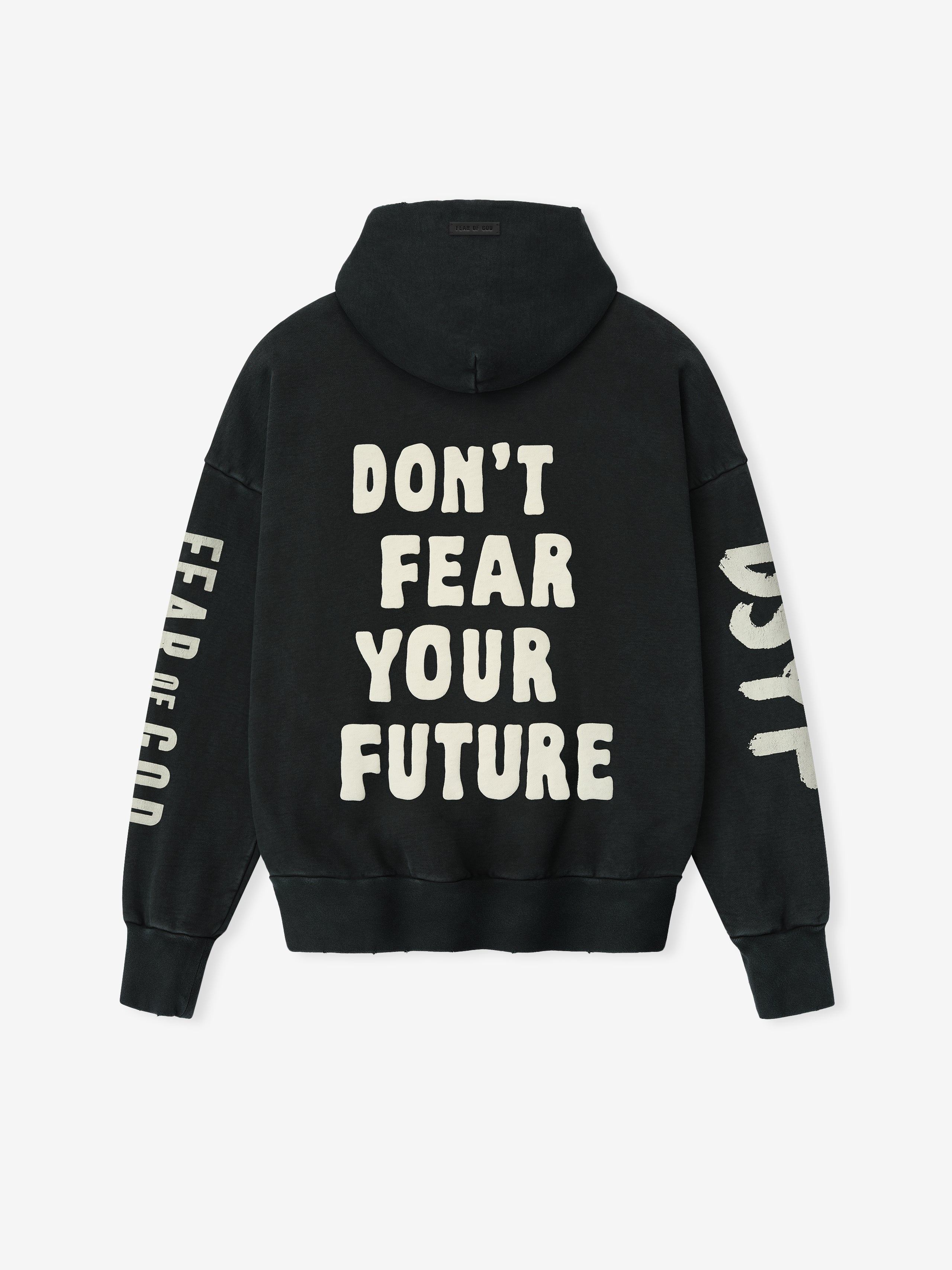 Back view of black DSYF Hoodie FGDSYF-FLC005U with bold off-white "DON'T FEAR YOUR FUTURE" text and sleeve graphics