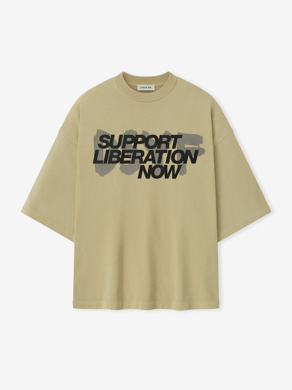 Front view of clay Liberation Now Tee with bold black "Support Liberation Now" text over gray brushstroke background centered on fabric
