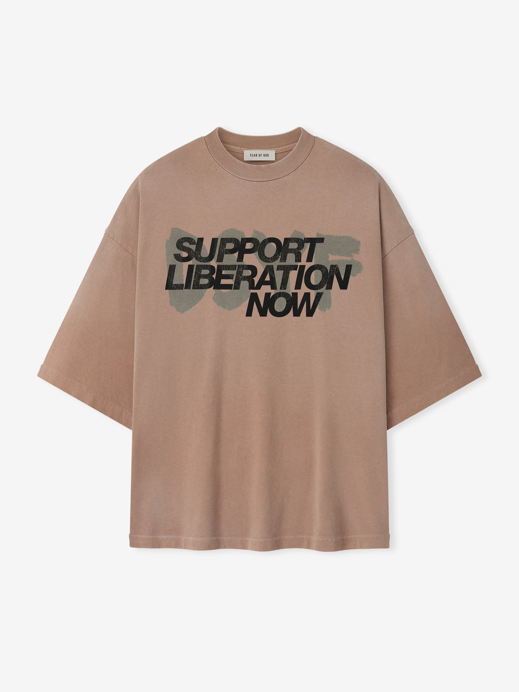 Front view of dune pearl Liberation Now Tee with black "Support Liberation Now" text over faded graphic, gallery image zero