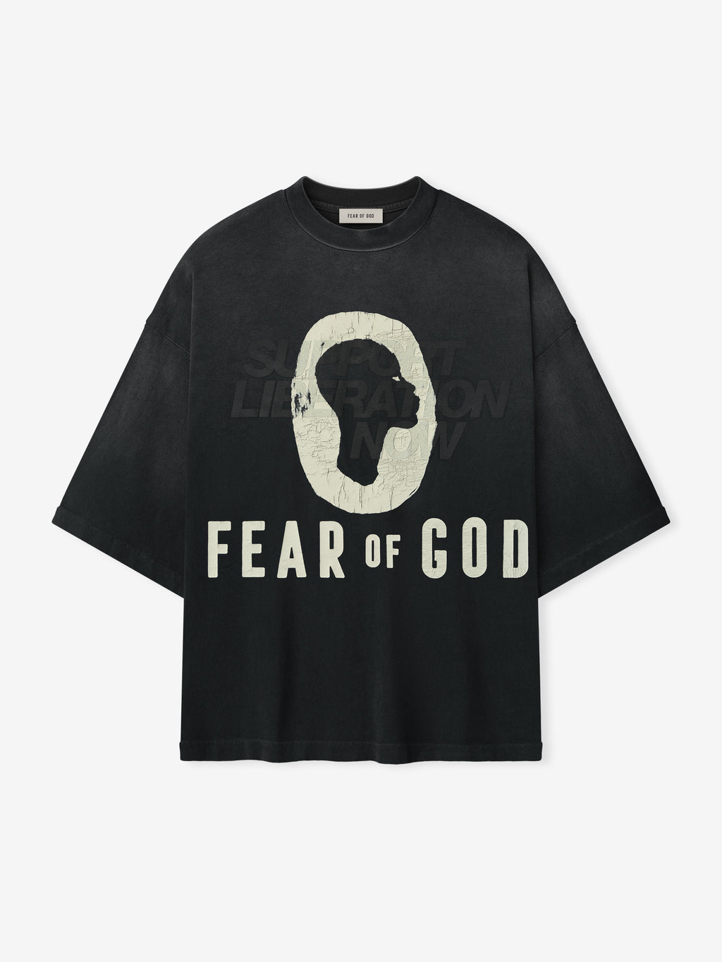 Front view of black DSYF Tee with cracked white head silhouette and "FEAR OF GOD" text on chest, gallery image one