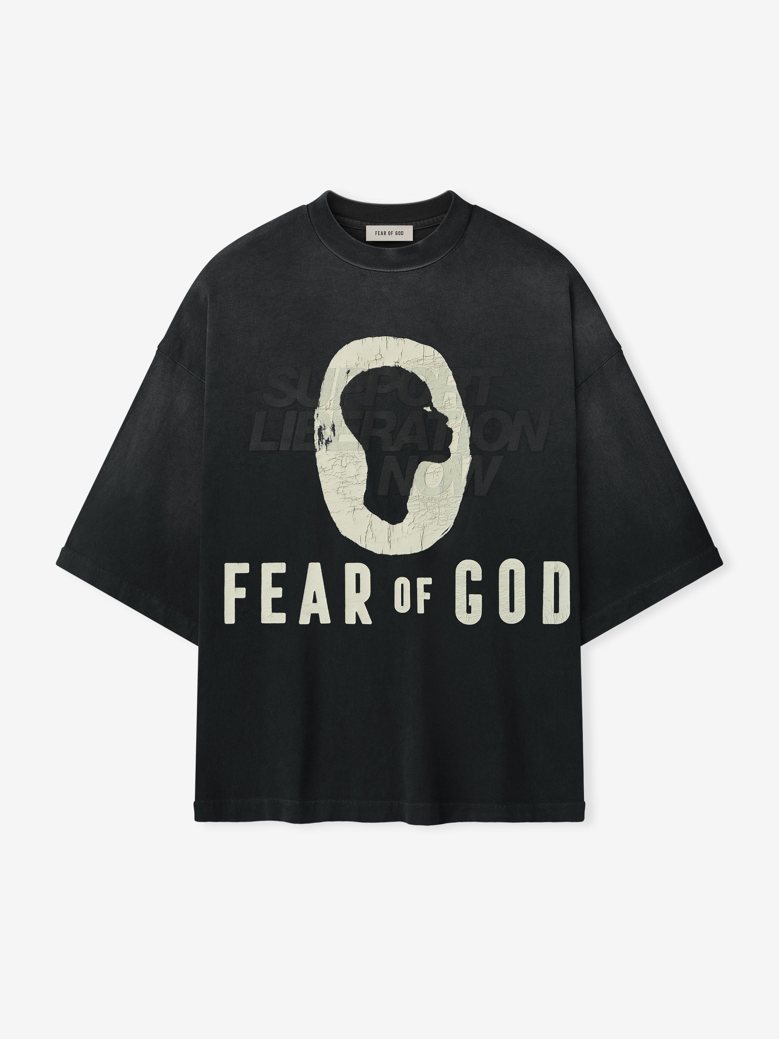 Front view of black DSYF Tee with cracked white head silhouette and "FEAR OF GOD" text on chest, gallery image one