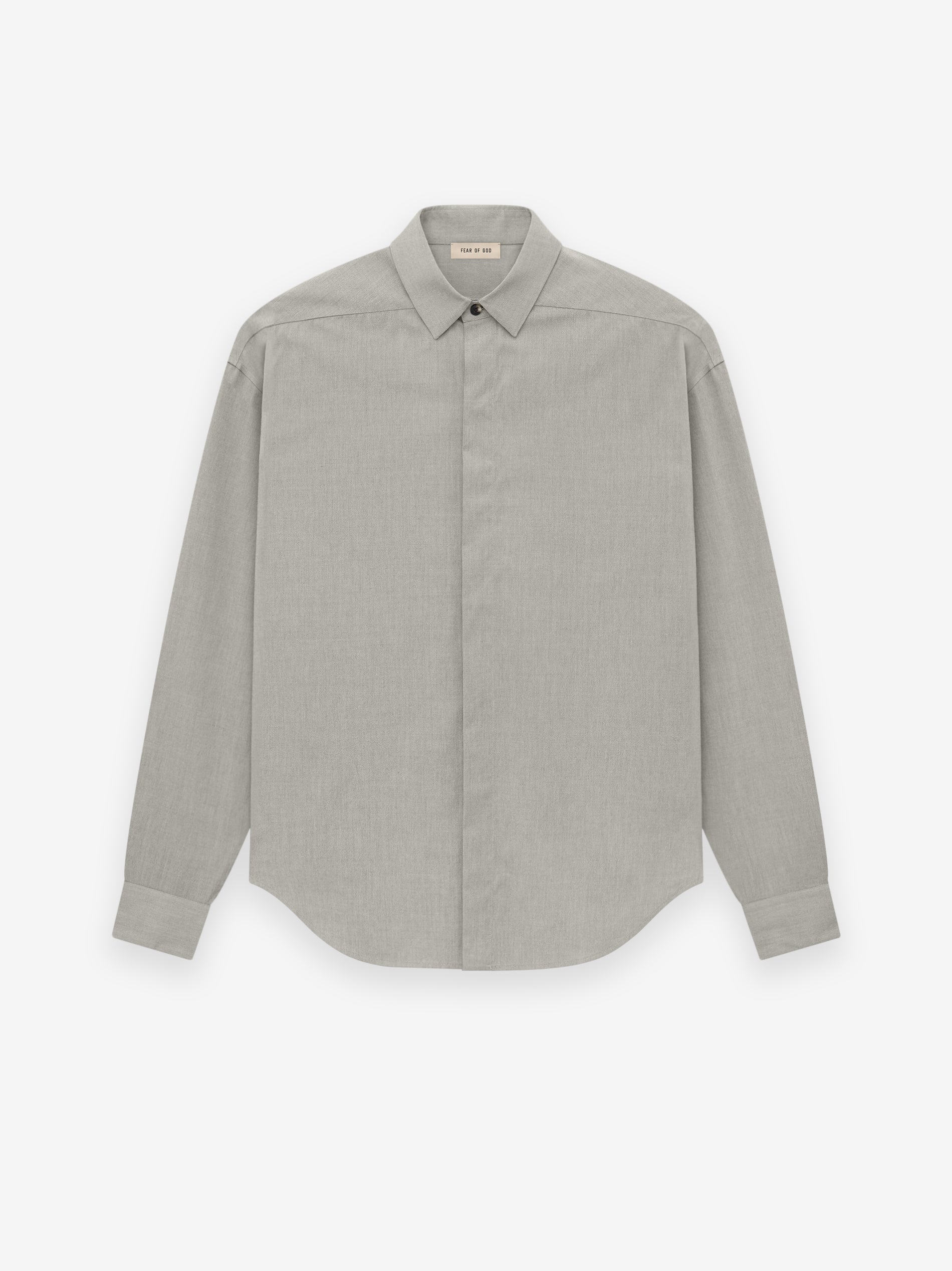 Front view of light grey Oxford button-down shirt with long sleeves and classic collar on white background