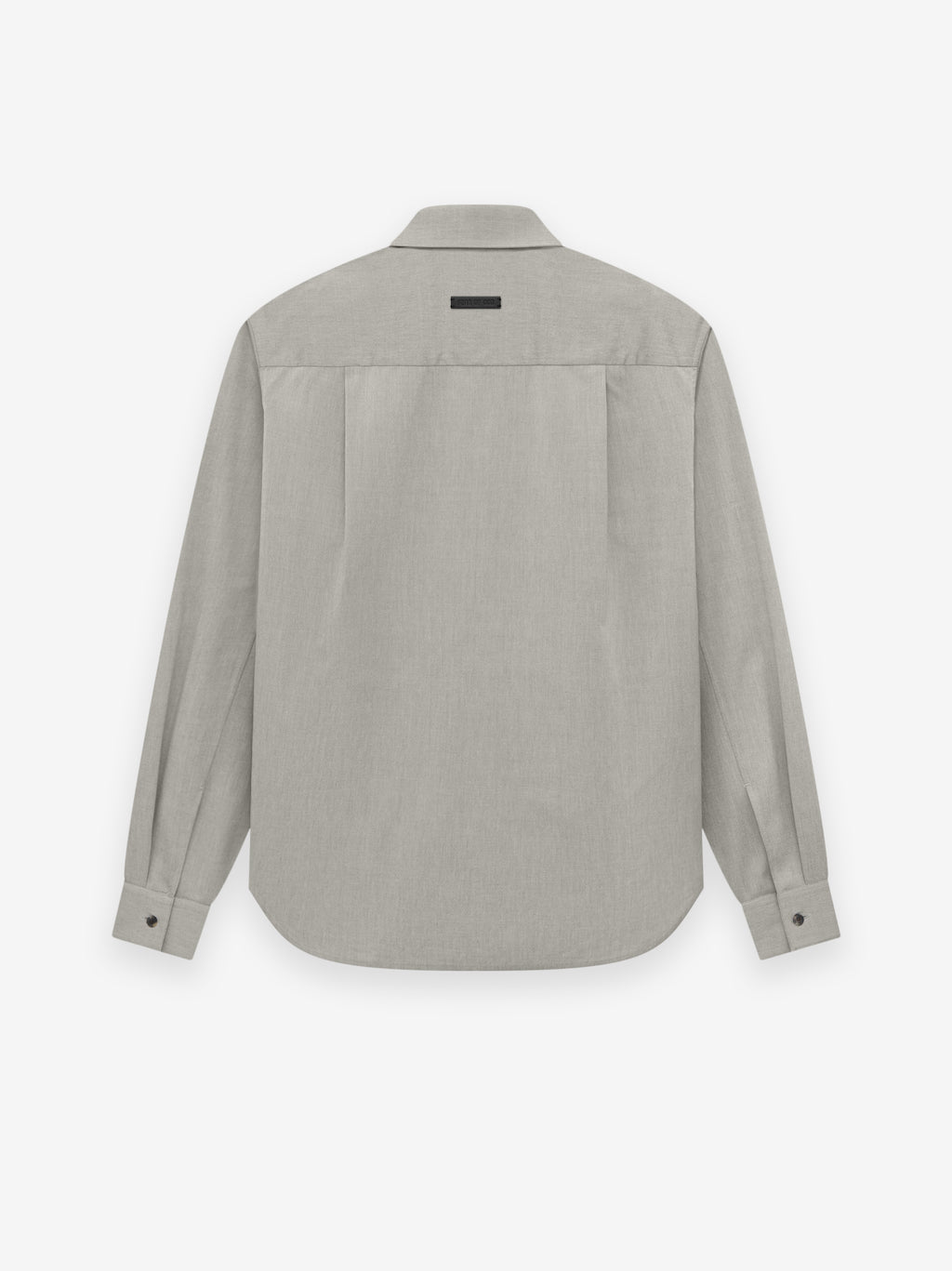 Back view of light grey Oxford button-up shirt with long sleeves and buttoned cuffs displayed on white background
