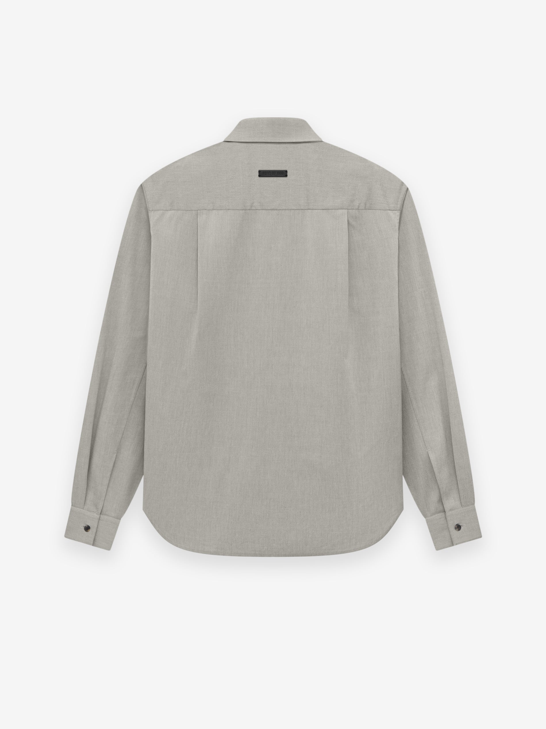 Back view of light grey Oxford button-up shirt with long sleeves and buttoned cuffs displayed on white background