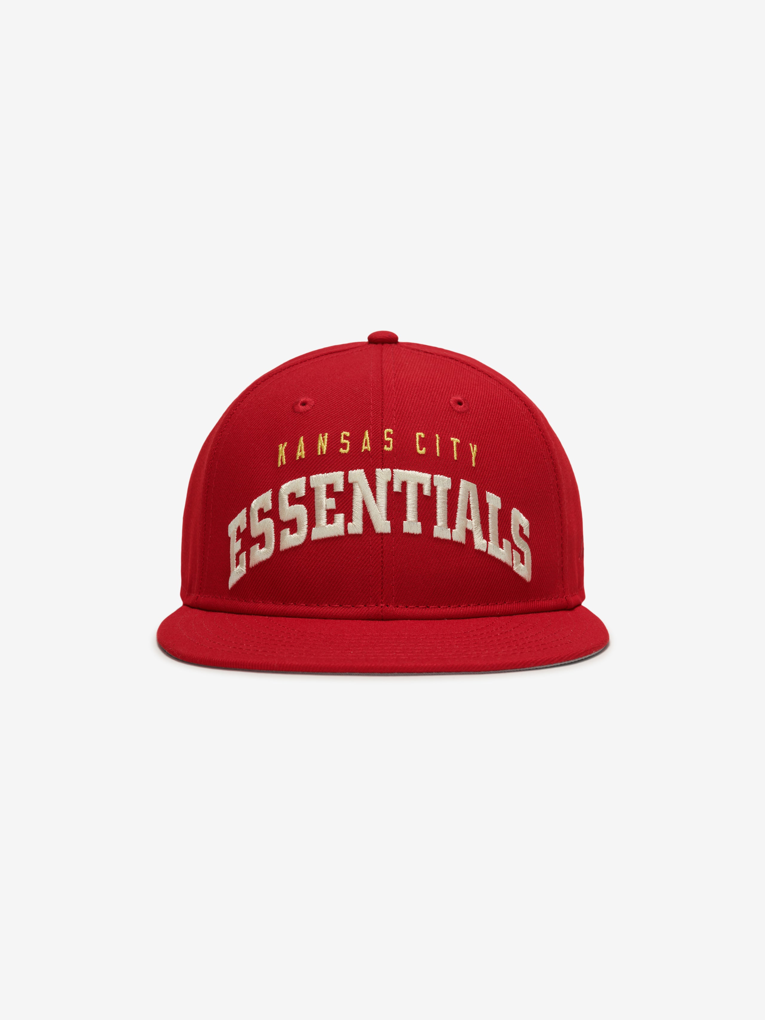 Straight-on front view of Chiefs 9Fifty RC Snapback with yellow Kansas City and white Essentials embroidery, gallery image 0