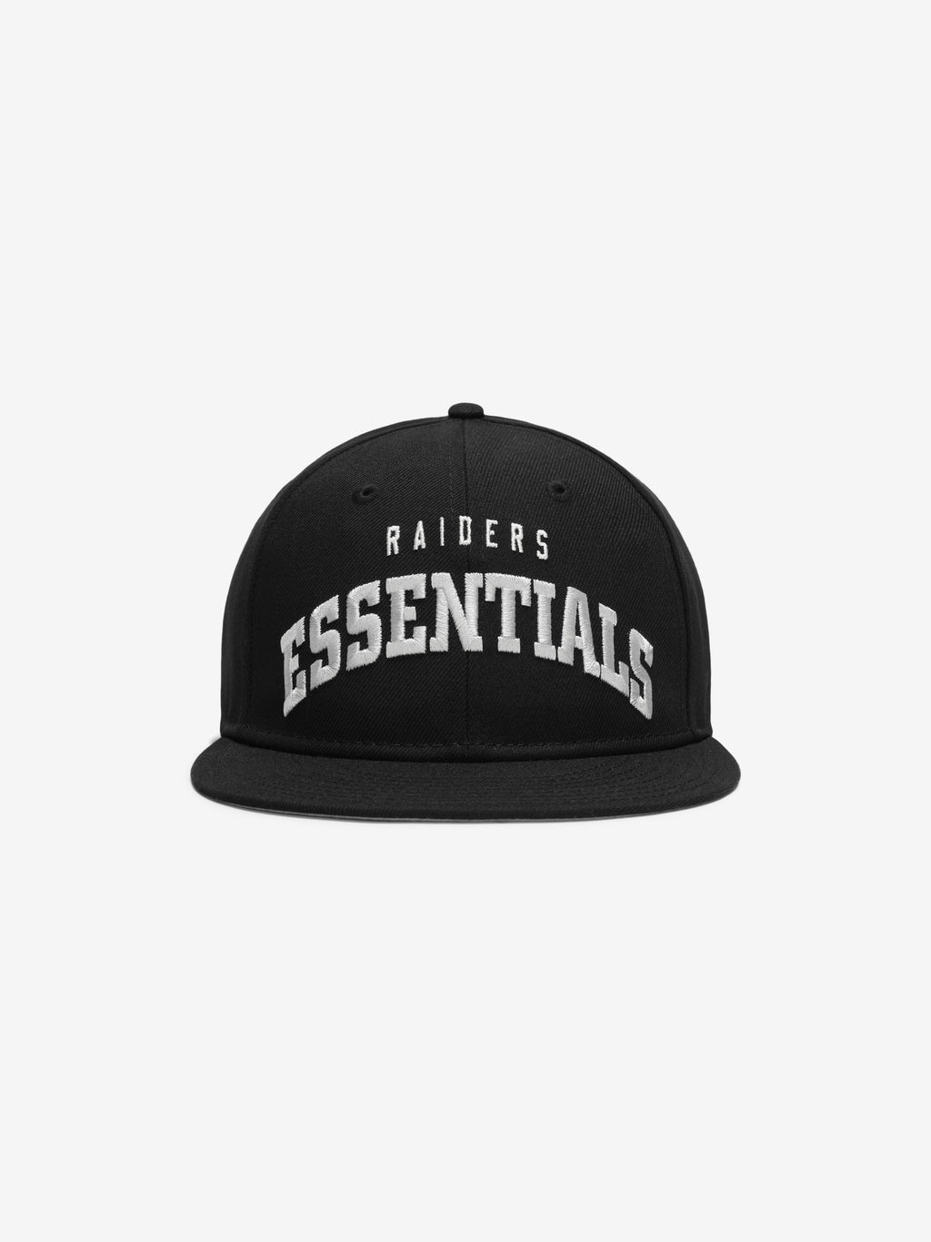 Straight-on front view of black Raiders 9Fifty RC Snapback with bold Essentials embroidery, gallery image 0