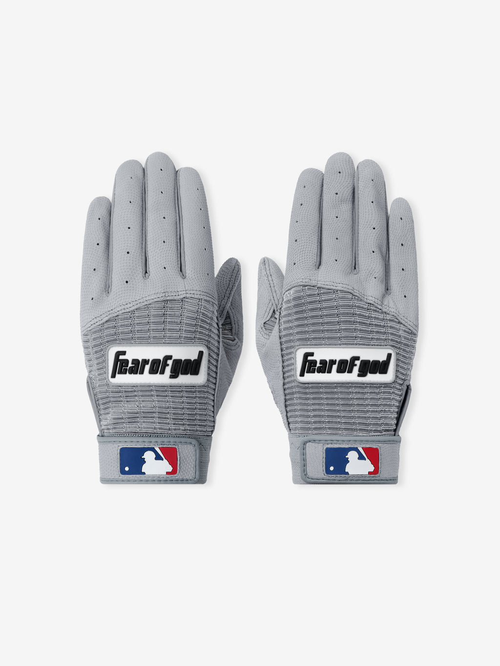 Franklin Pro Classic Seal Grey gloves featuring perforated breathable fabric with textured palms, bold Fear of God logo on the back and MLB emblem on the wrist straps.