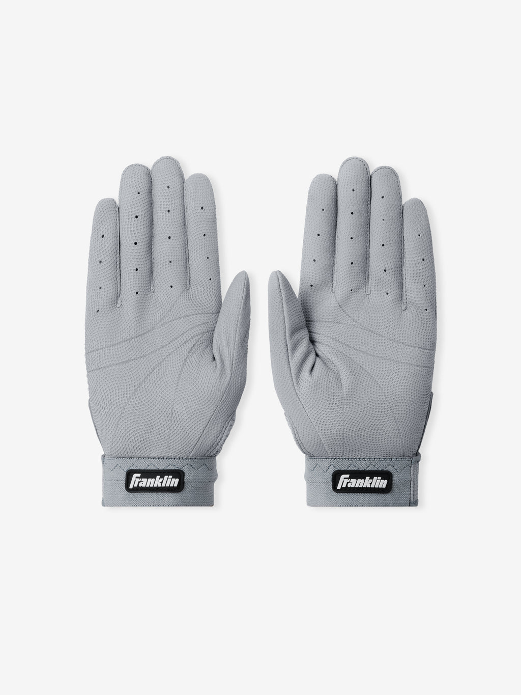 Pair of Franklin Pro Classic Seal Grey gloves in breathable perforated fabric with reinforced palm texture and adjustable wrist straps featuring the Franklin logo.