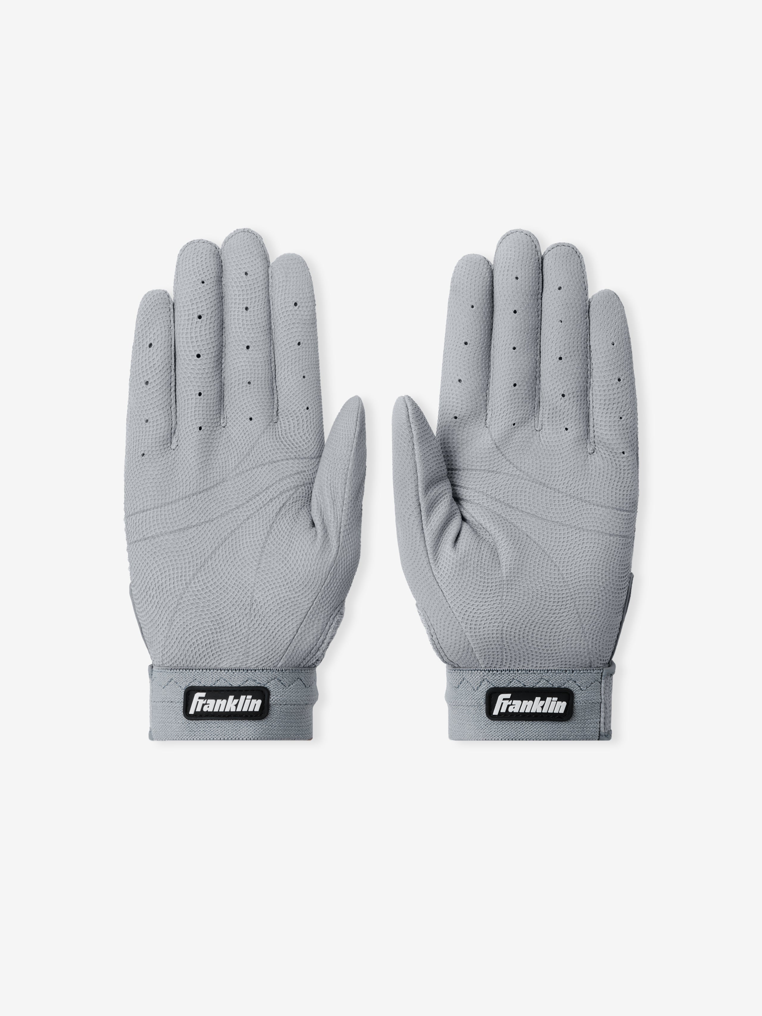 Pair of Franklin Pro Classic Seal Grey gloves in breathable perforated fabric with reinforced palm texture and adjustable wrist straps featuring the Franklin logo.