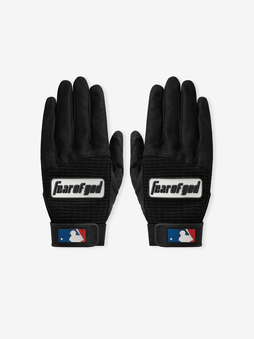 Pair of Franklin Pro Classic Black gloves crafted from breathable textured fabric with Fear of God branding on the back and MLB logo on adjustable wrist straps.