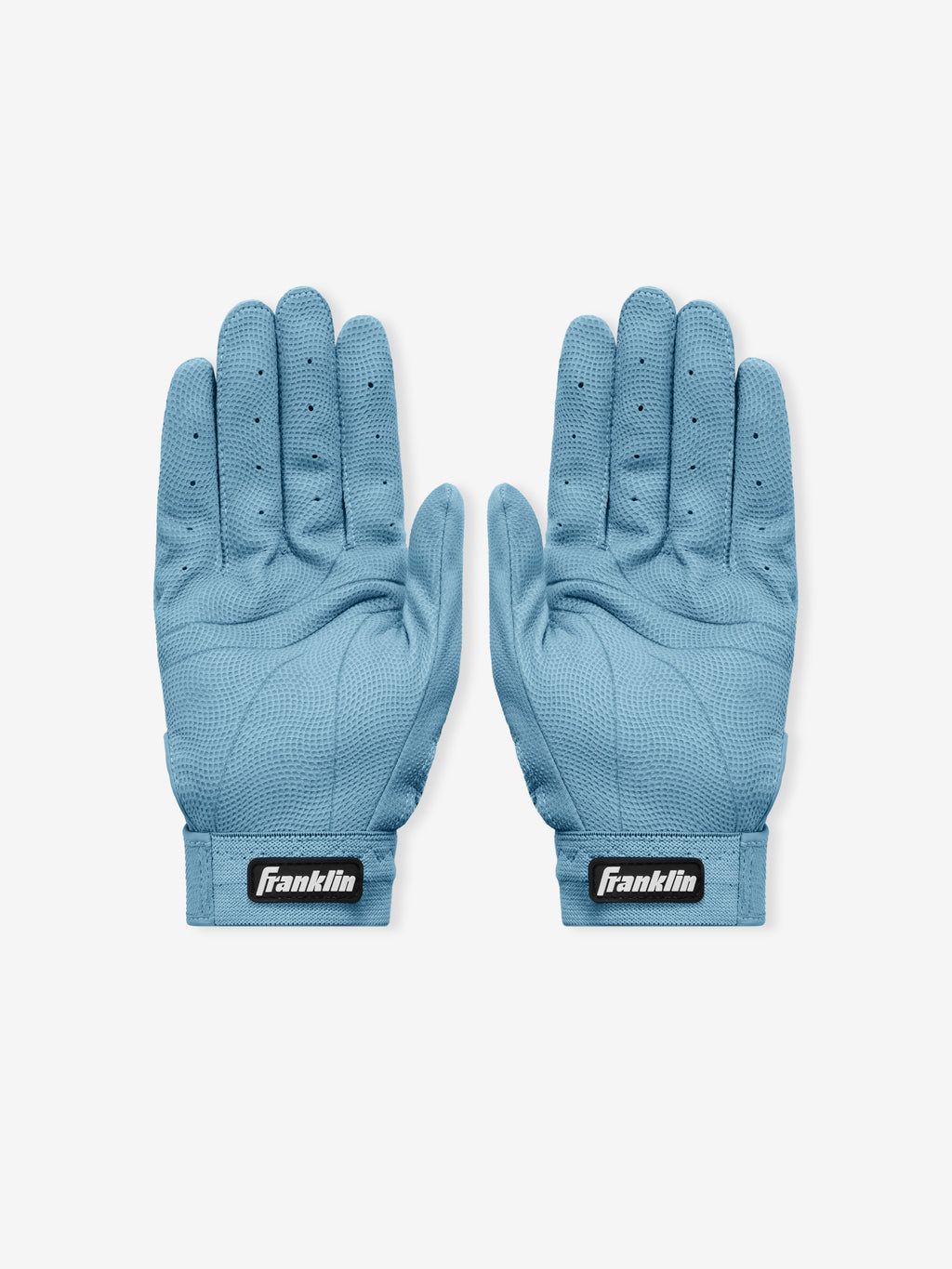 Pair of Franklin Pro Classic Stone Blue gloves designed with textured breathable fabric, perforated fingers, and adjustable wrist straps featuring the Franklin logo for a secure fit.