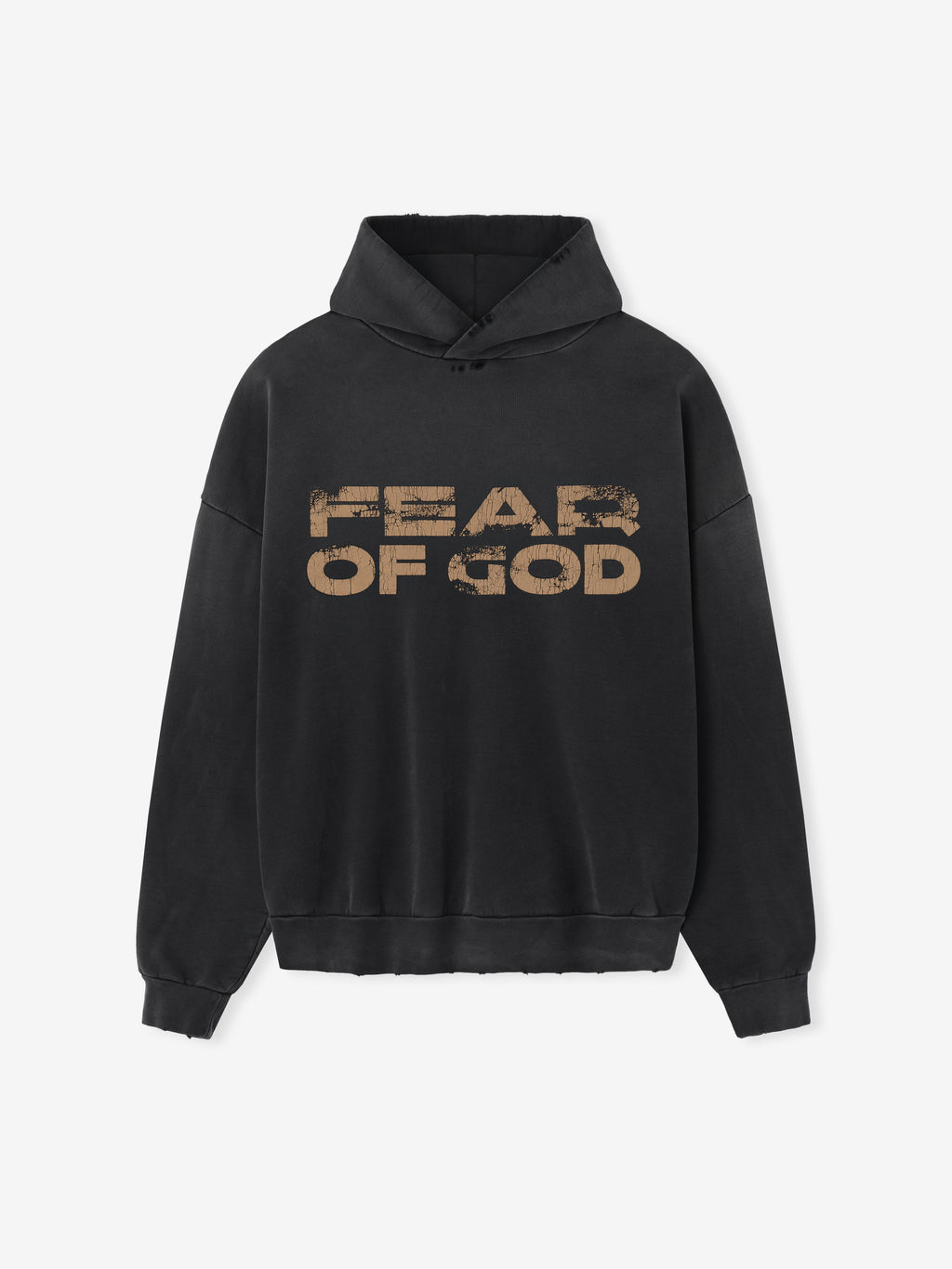 black cotton fleece hoodie with distressed bold "FEAR OF GOD" graphic and relaxed fit silhouette