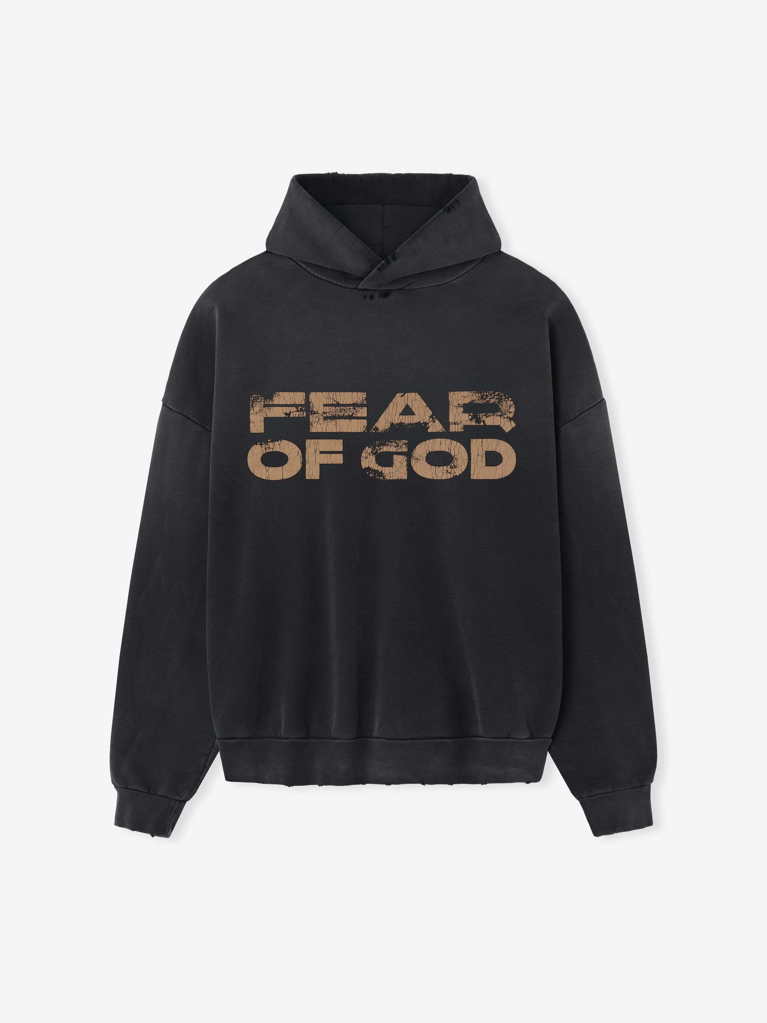 black cotton fleece hoodie with distressed bold "FEAR OF GOD" graphic and relaxed fit silhouette