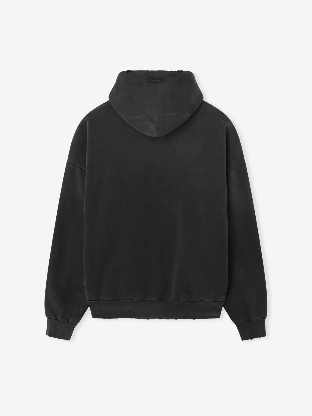 back view of black cotton fleece hoodie with sun-faded finish and relaxed fit silhouette