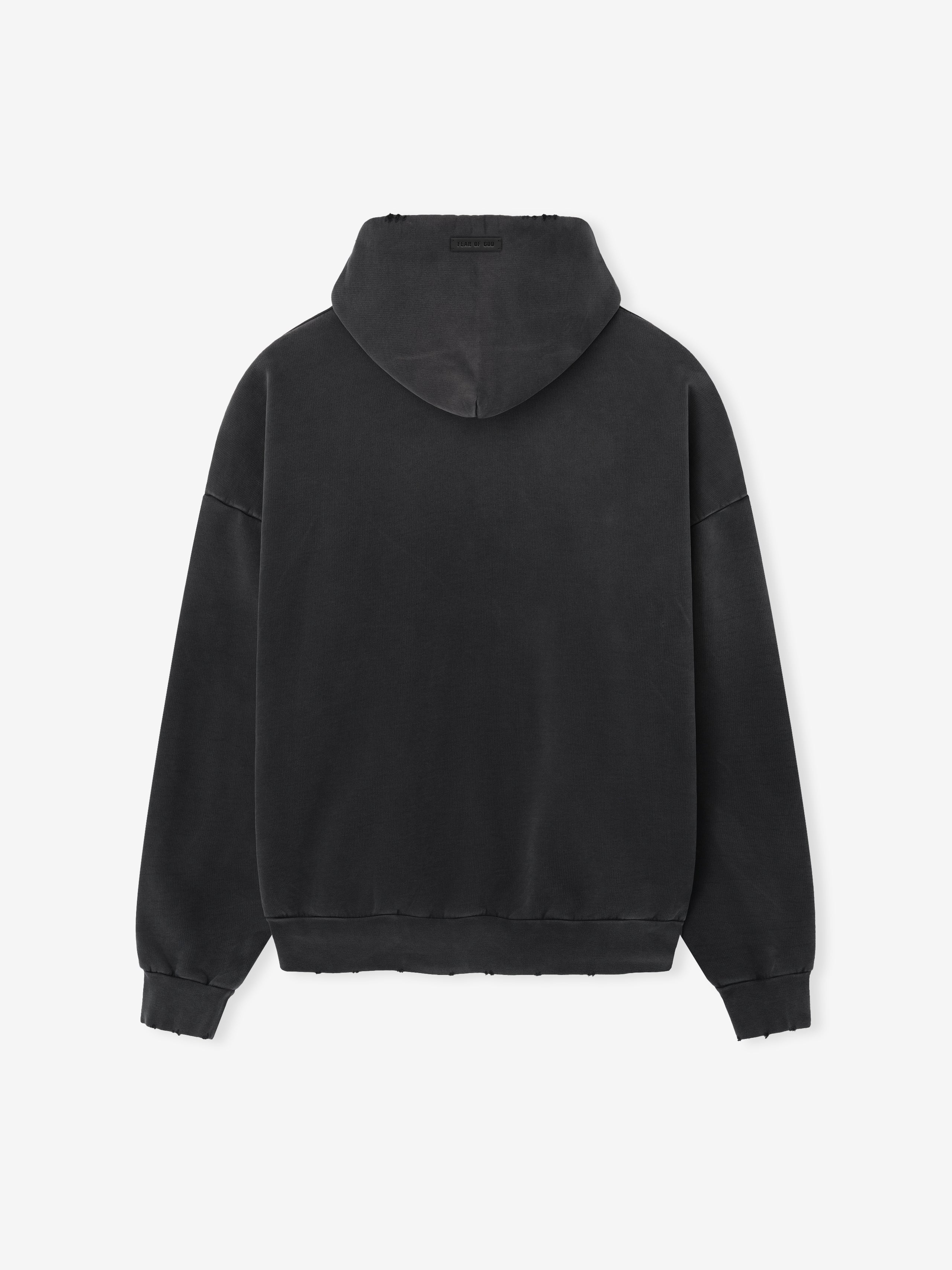 back view of black cotton fleece hoodie with sun-faded finish and relaxed fit silhouette