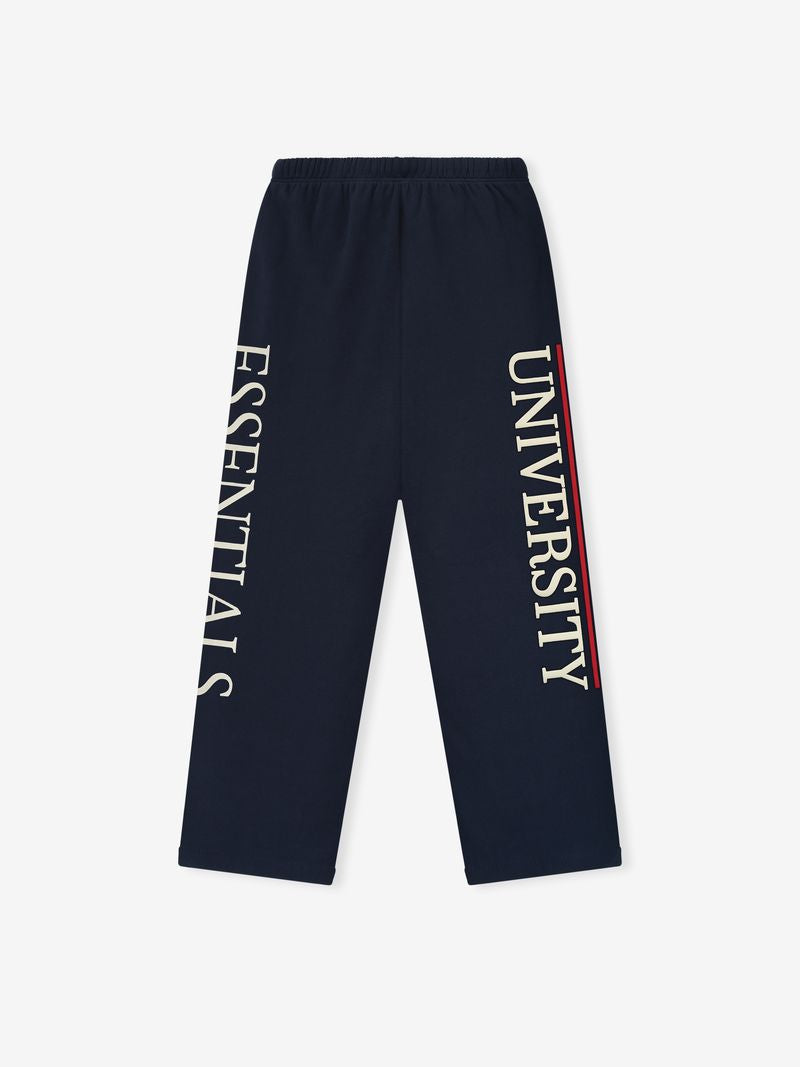Flat lay of navy Howard University Lounge Sweatpant with vertical cream text and thin red stripe on the side, file HDnVO61A.jpg