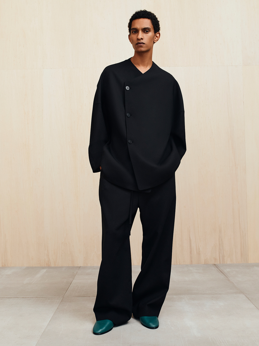 Double Weave Wool Wide Leg Drawstring Pants Black / XS view 1