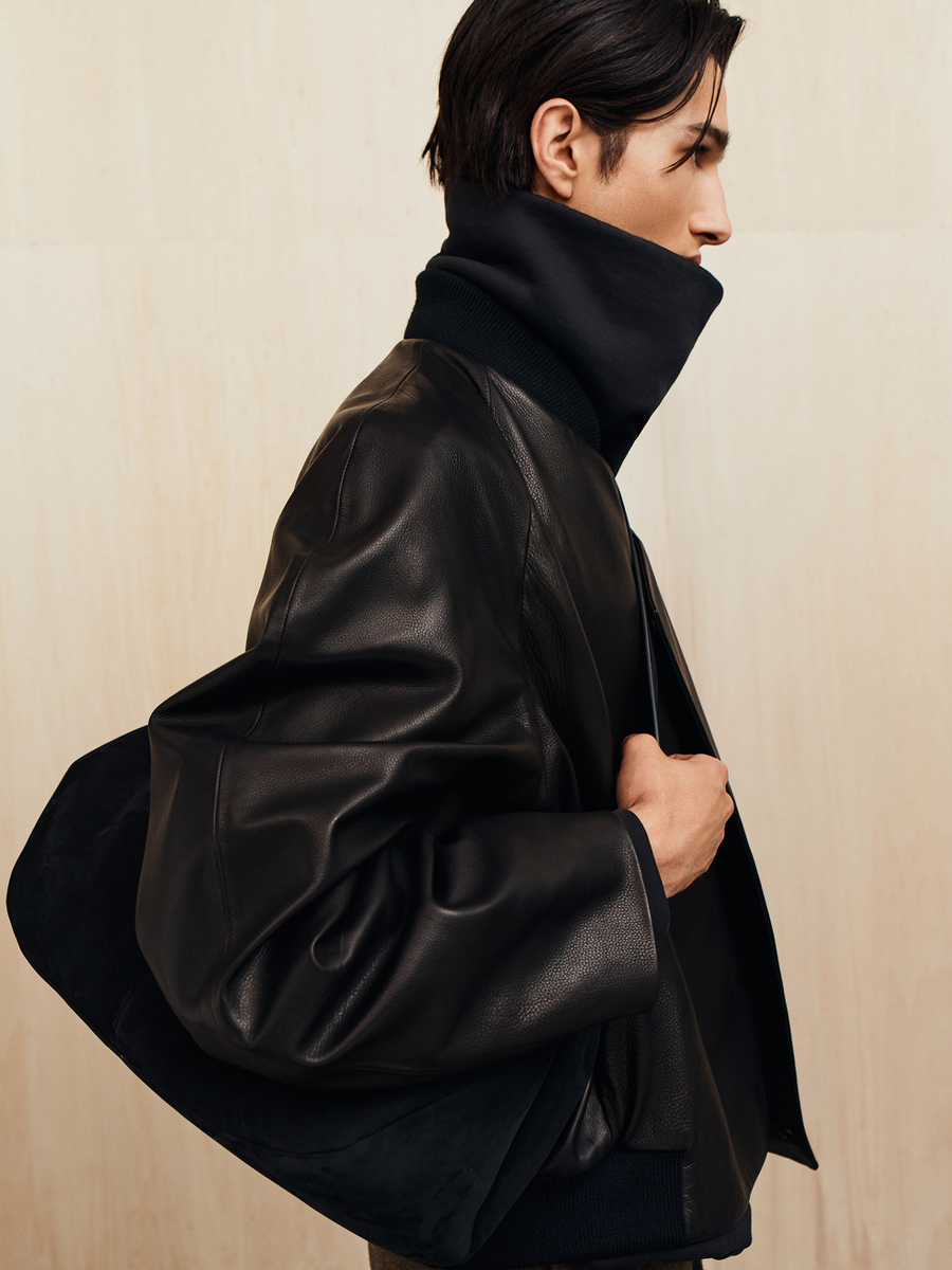 Leather Raglan Bomber Jacket Black / S view 1