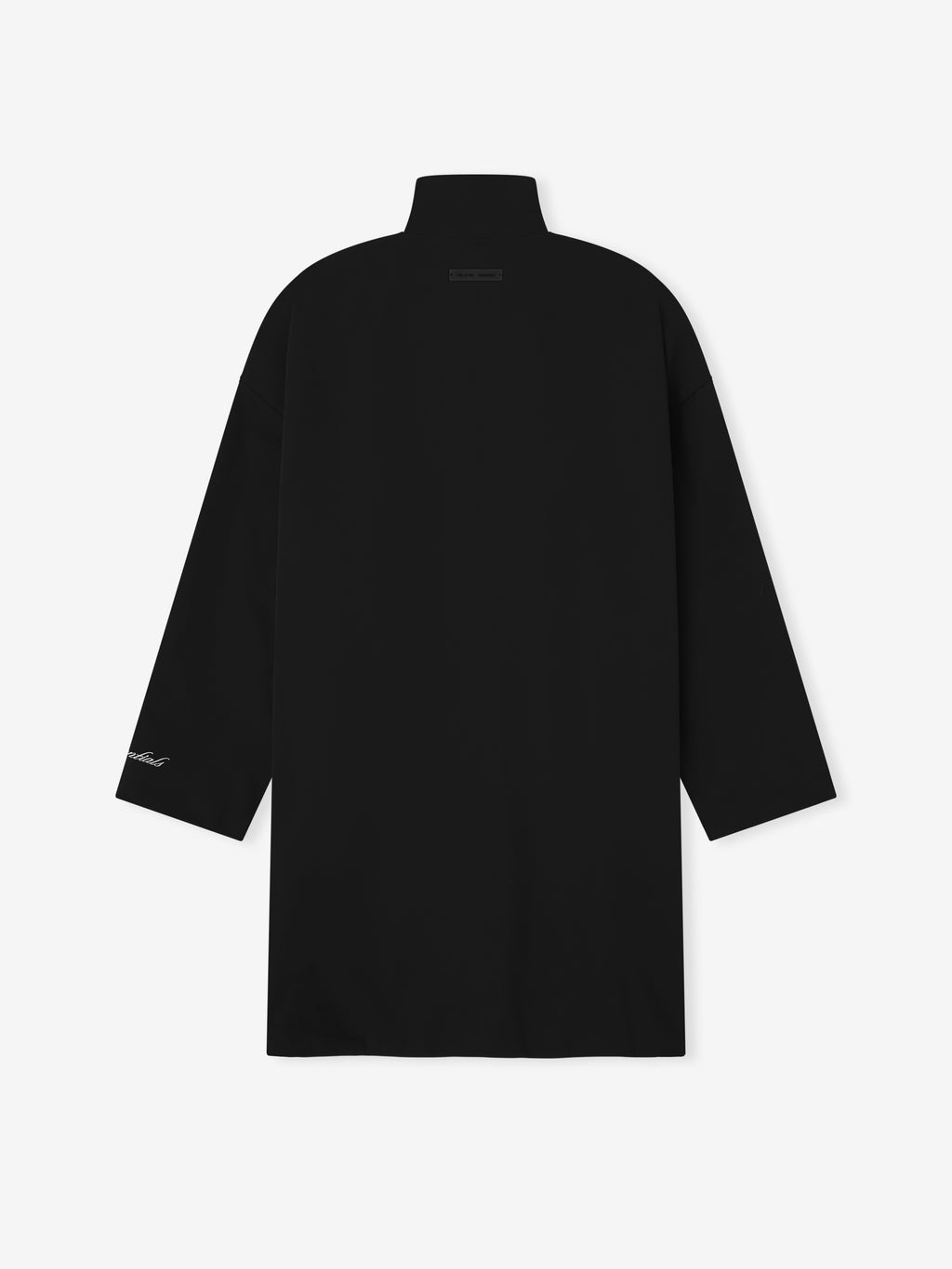 Back view of long black sporty nylon high neck trench jacket with subtle logo detail on sleeve cuff