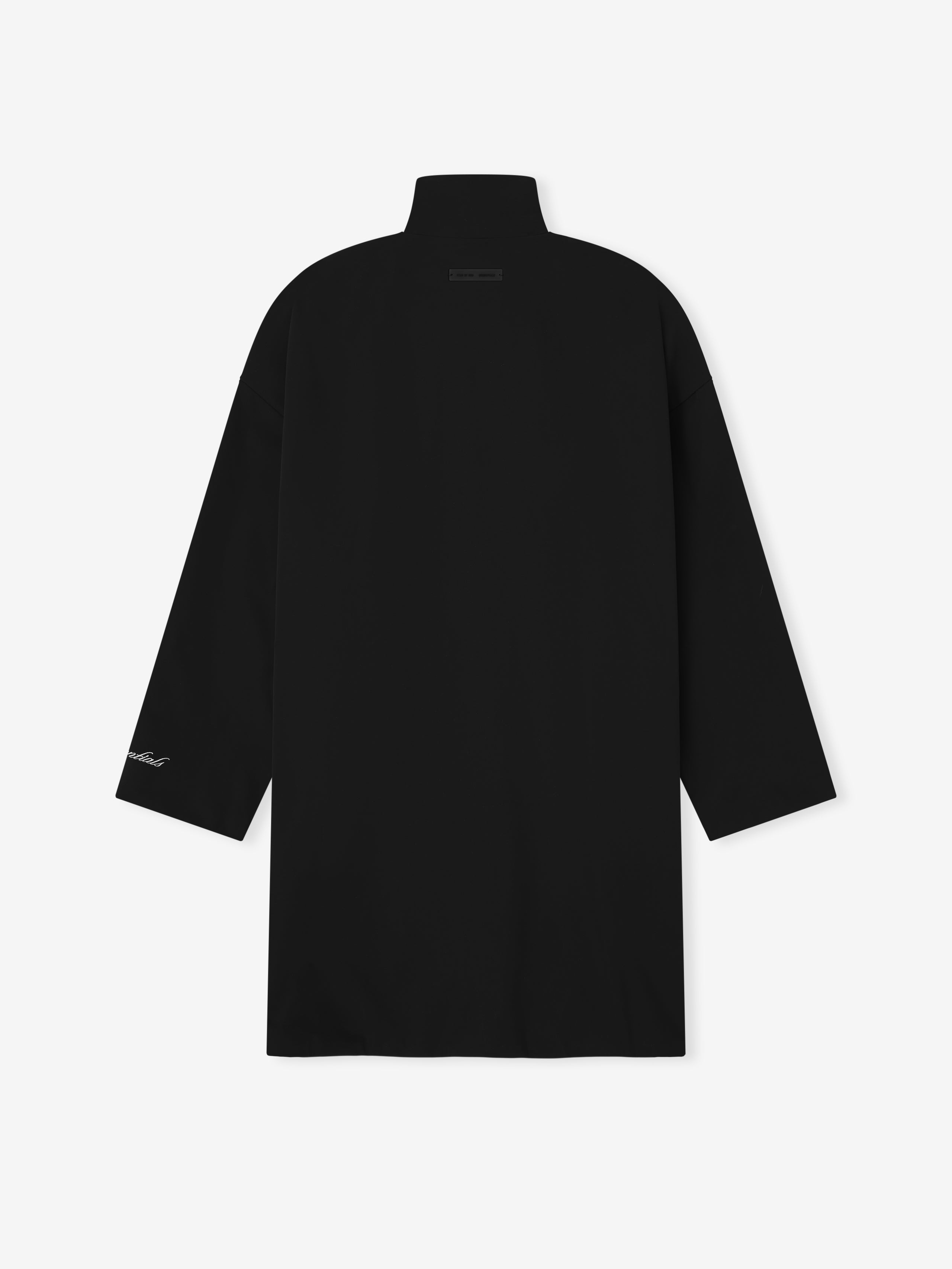 Back view of long black sporty nylon high neck trench jacket with subtle logo detail on sleeve cuff
