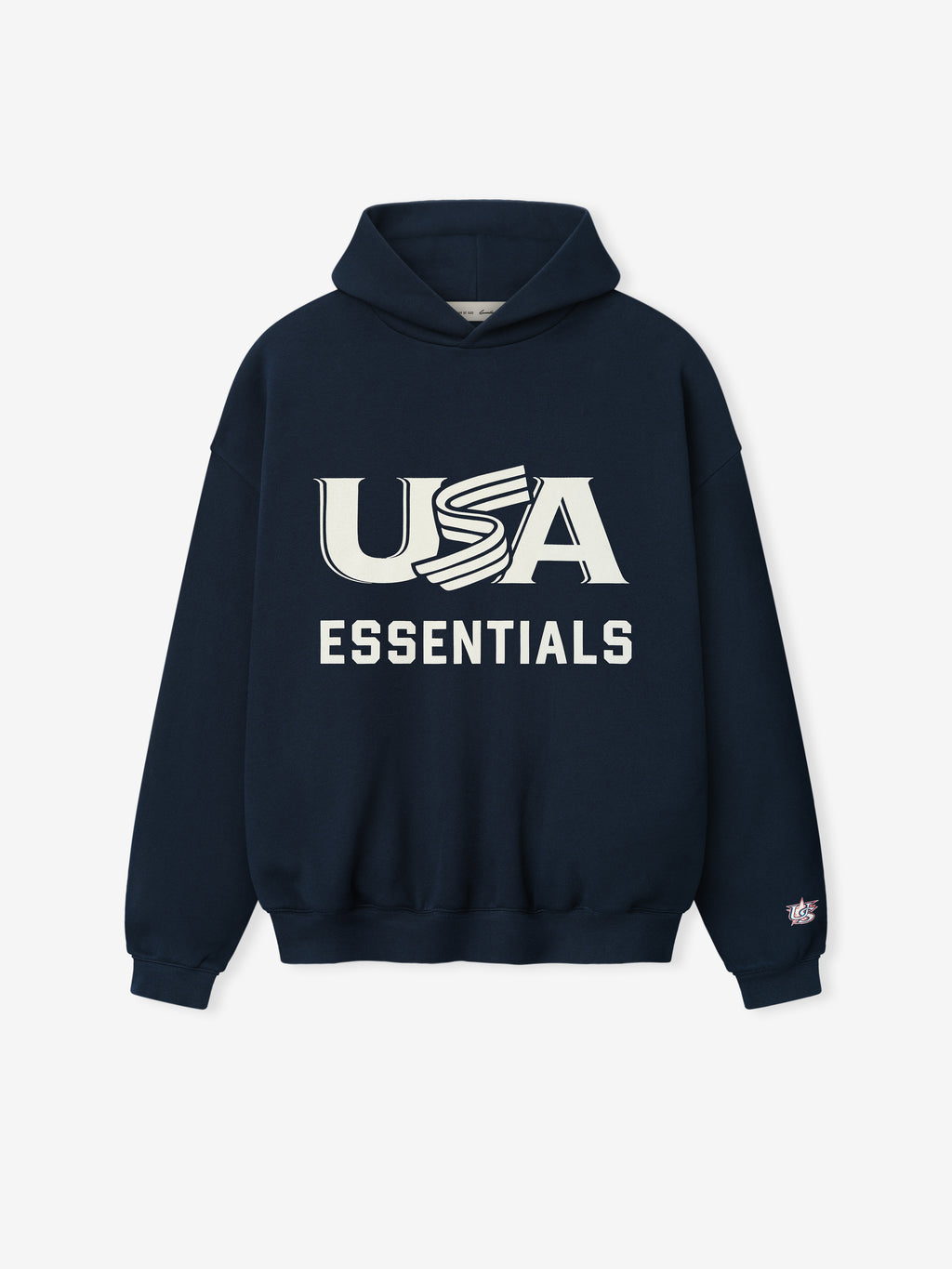 Navy hoodie with 'USA Essentials' text on a white background