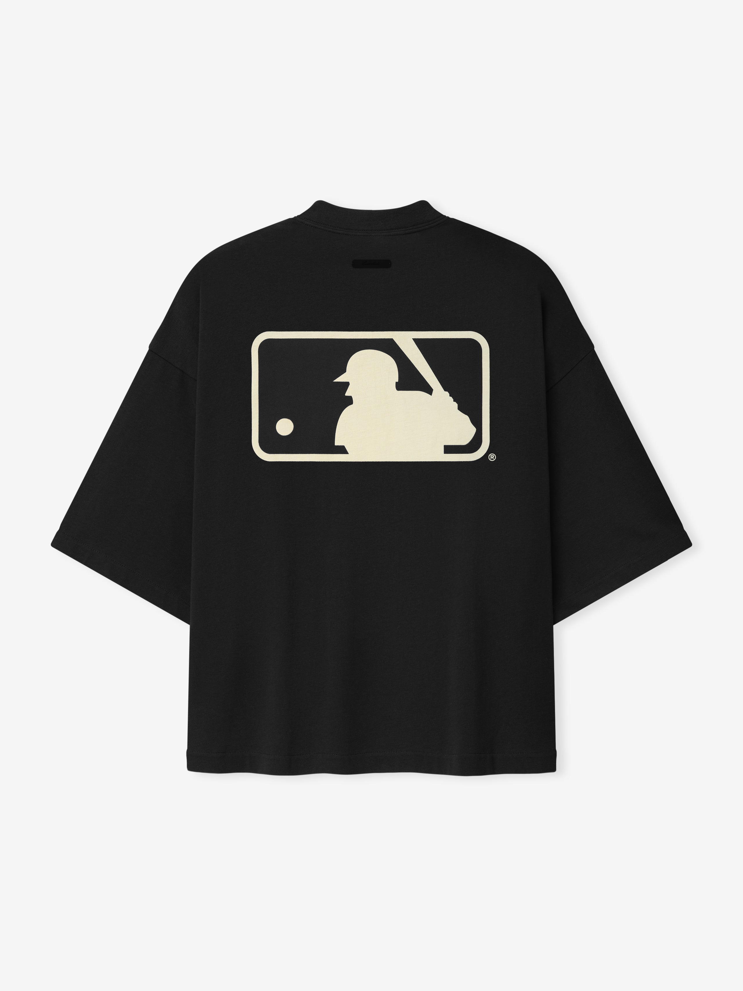 Black MLB Merch Tee showcasing a cream-colored silhouette graphic of a baseball batter and ball on the back, designed with a relaxed fit and dropped shoulders.