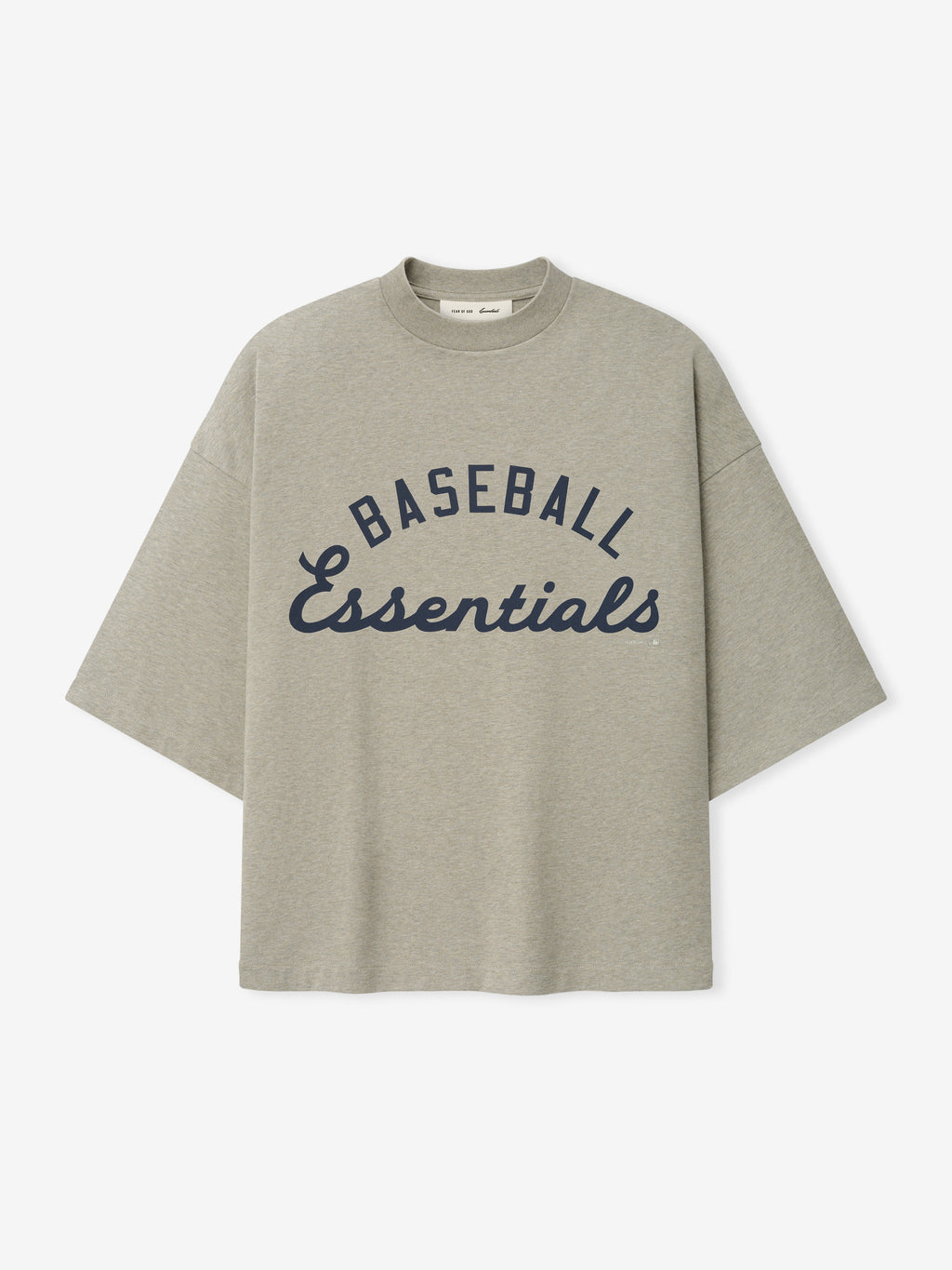 Mlb Merch Tee in soft heather gray with a relaxed fit, featuring a classic crew neck and navy "Baseball Essentials" script printed across the chest.