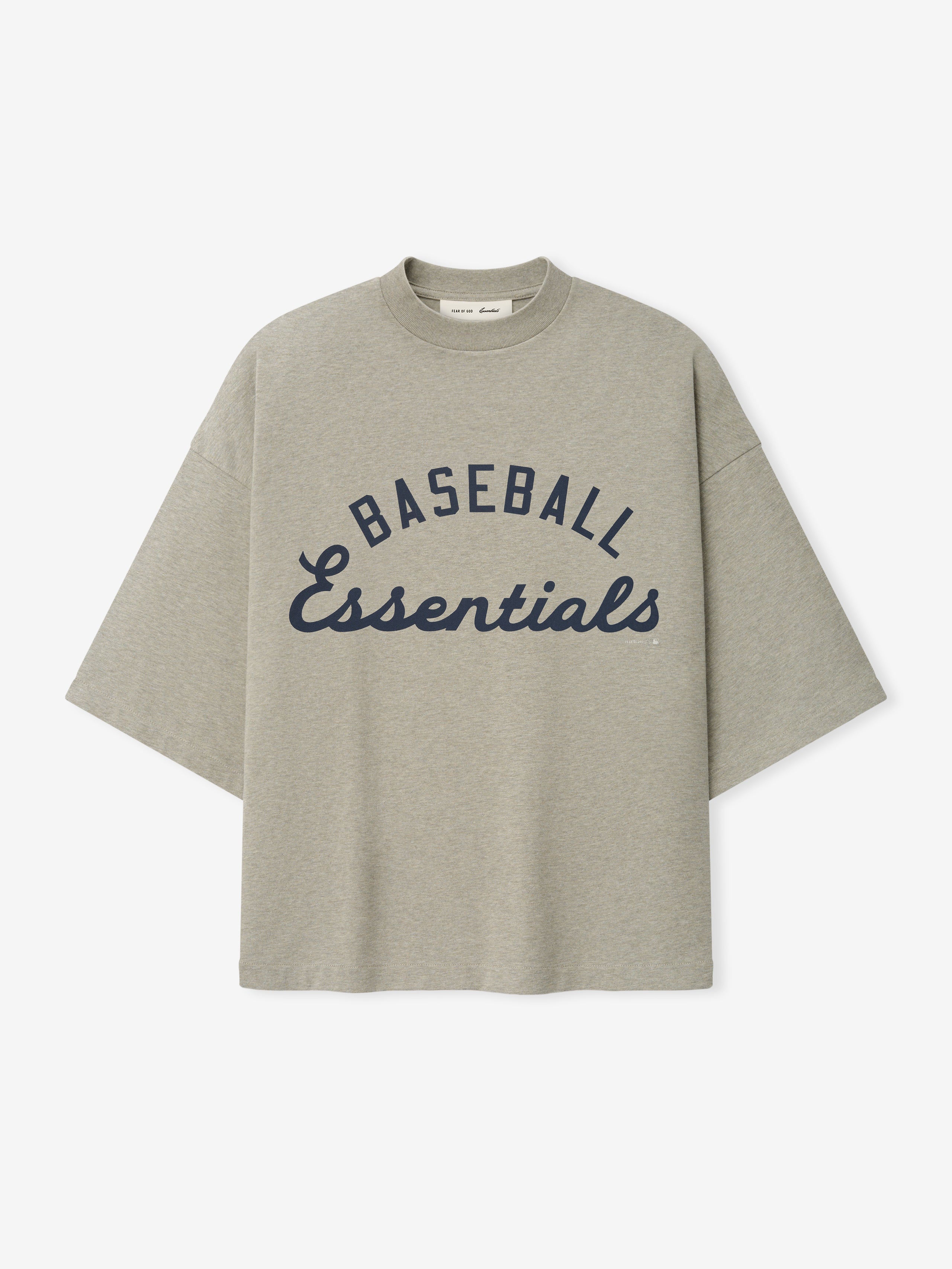 Mlb Merch Tee in soft heather gray with a relaxed fit, featuring a classic crew neck and navy "Baseball Essentials" script printed across the chest.