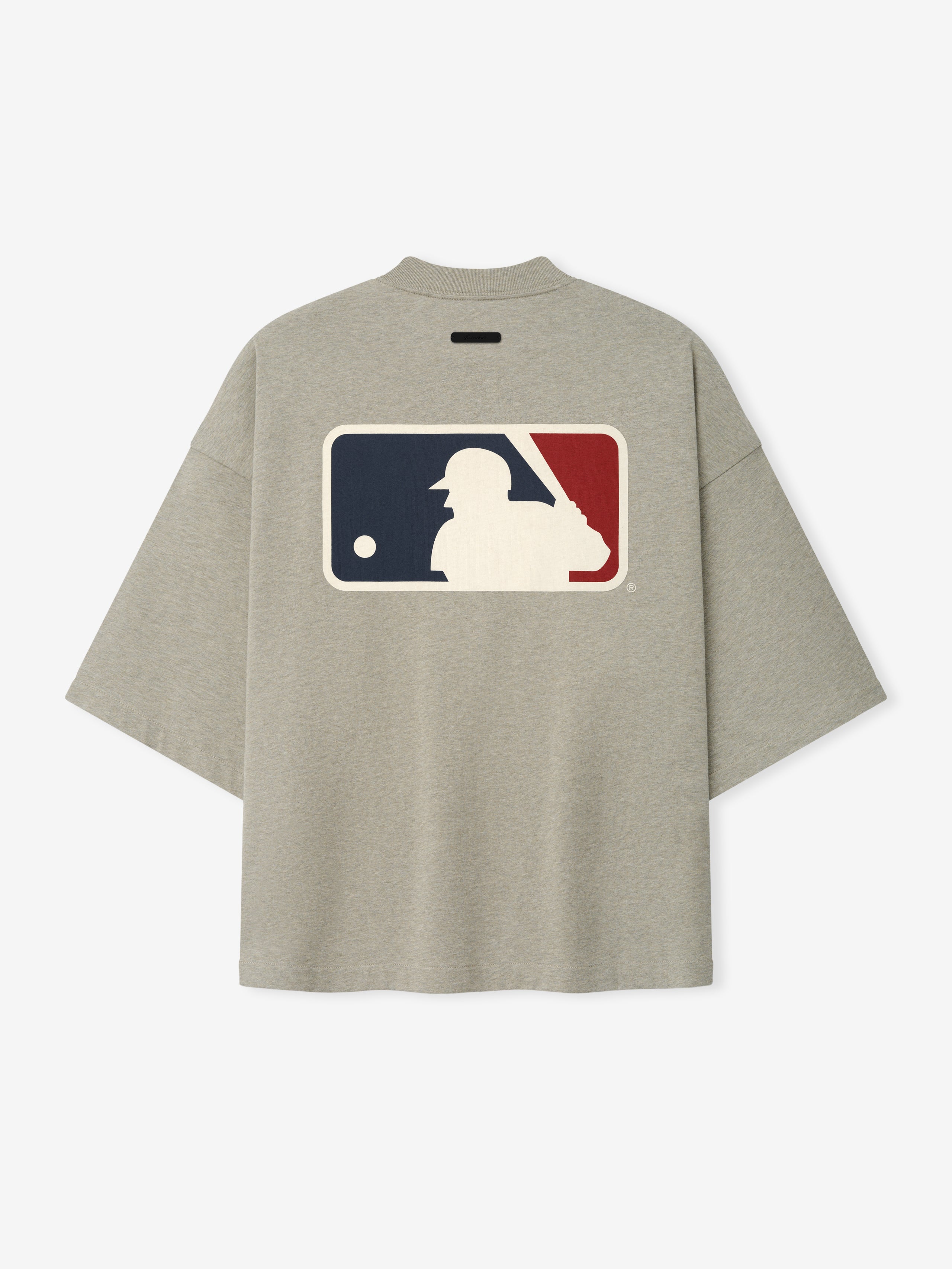 Mlb Merch Tee in muted gray fabric with a relaxed fit, featuring a large contrasting logo graphic of a baseball batter in navy and deep red on the back of the top.