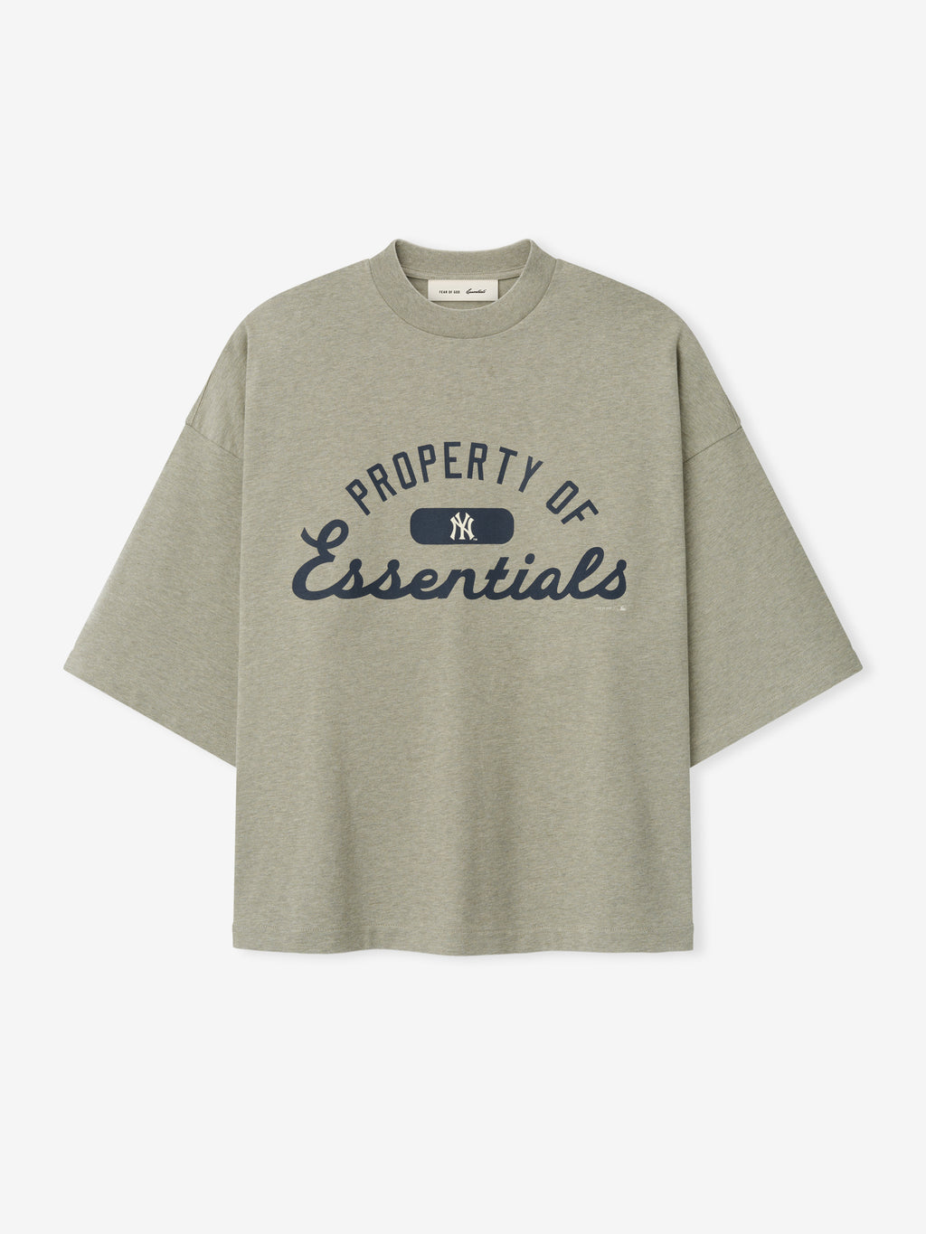 Gray t-shirt with 'Property of Essentials' text on a white background